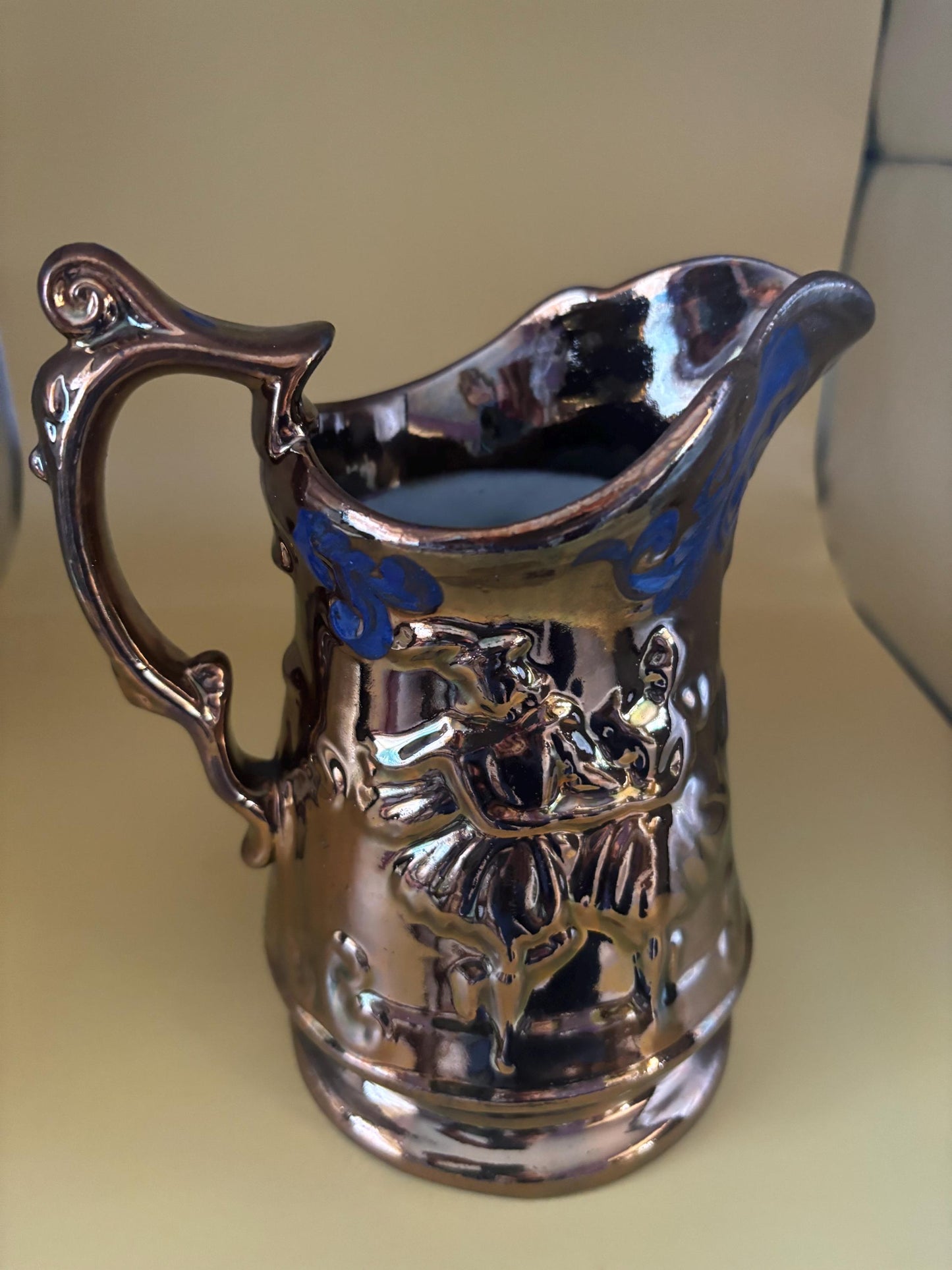Antique Stafforshire Hand Painted Copper Lustreware Pitcher Circa 1880’s Dancing Couple Lover Antiques and Vintage