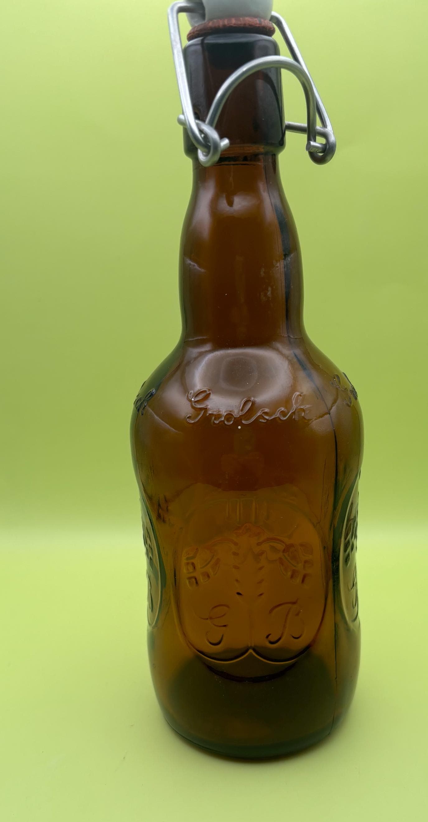 Vintage Grolsch Beer Bottle Dark Brown Amber Glass Bottle Orange Glass Jar Embossed Glass Swing Top Porcelain Cap Lover Antiques