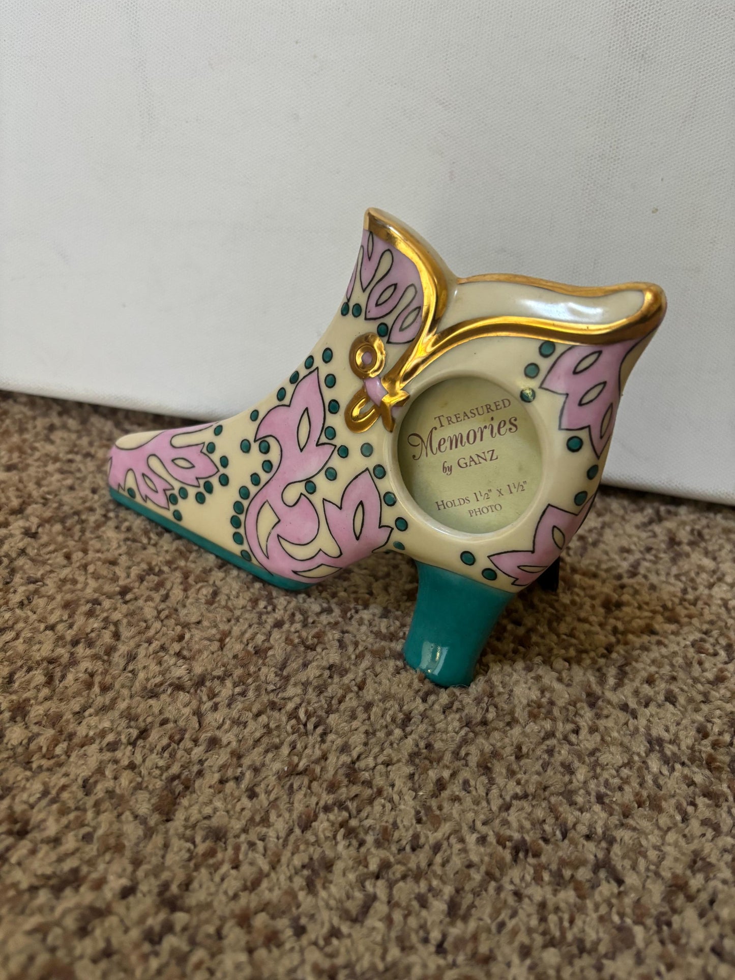 Vintage Ganz Shoe Picture Frame with Pinkk and Green Gold Gilding Lover Antiques and Vintage