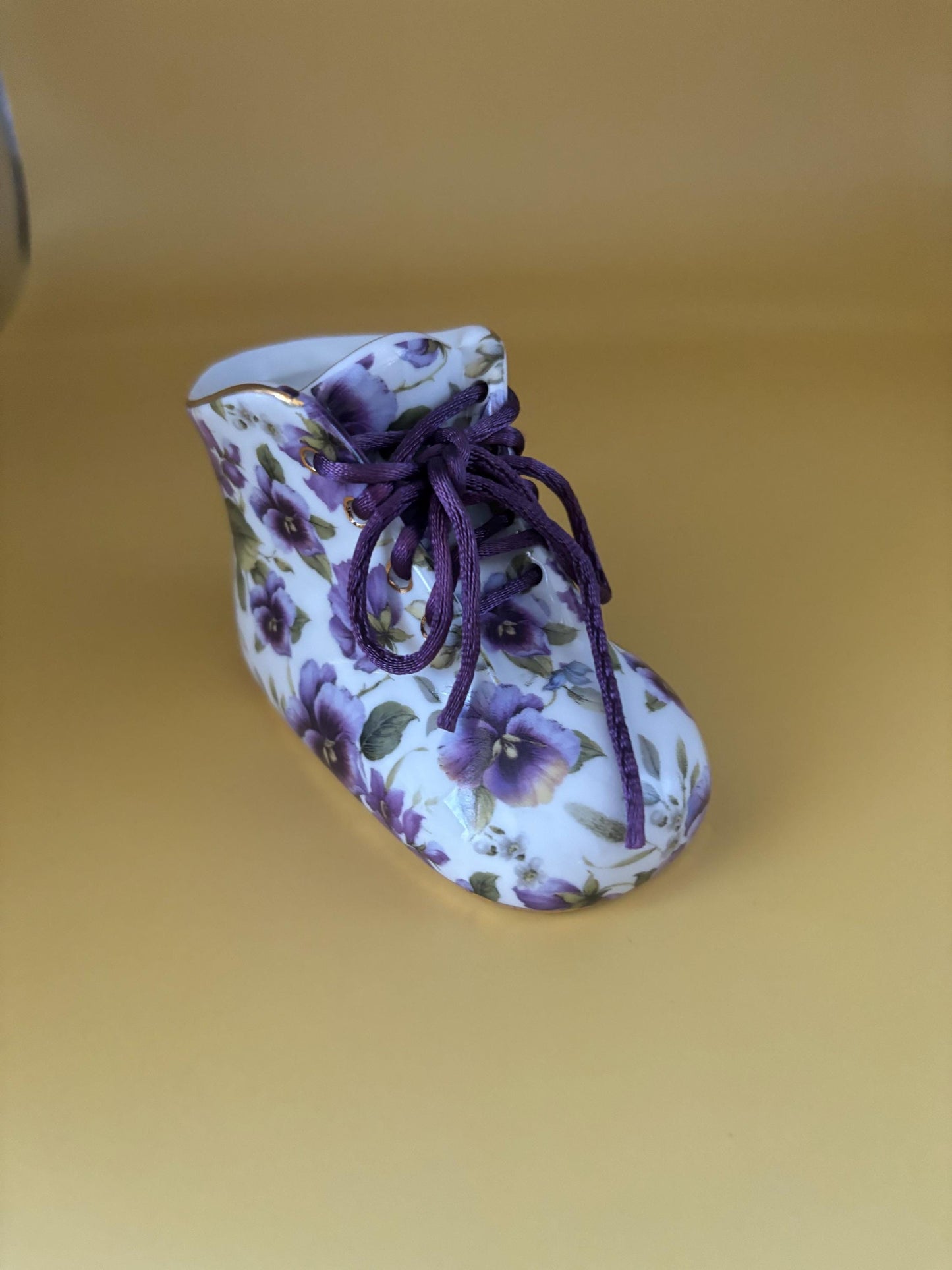 Vintage Nantucket Home Porcelain Baby Shoe with Purple Violets Gold Gilding and Purple Trim and Lace Lover Antiques and Vintage