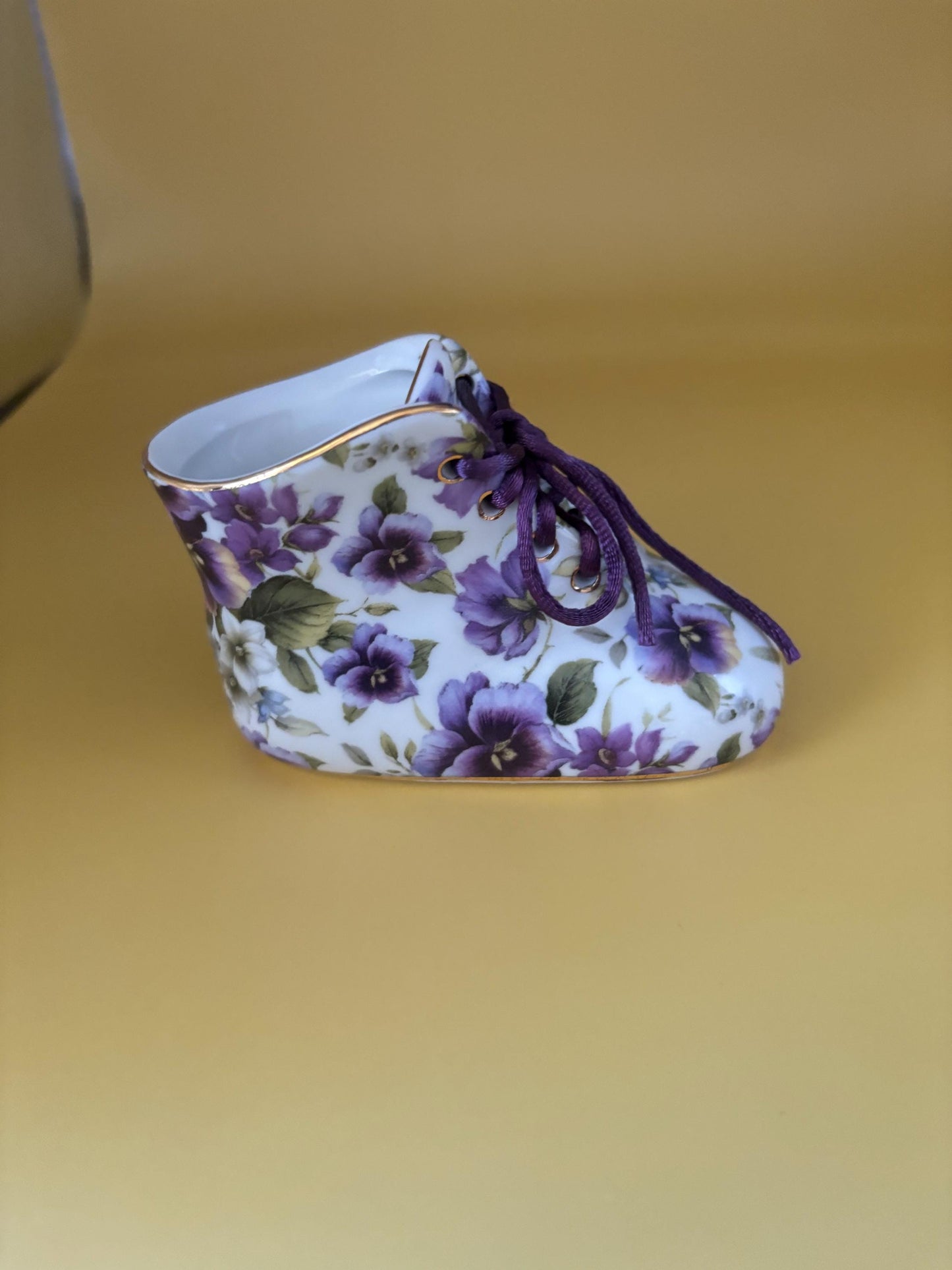 Vintage Nantucket Home Porcelain Baby Shoe with Purple Violets Gold Gilding and Purple Trim and Lace Lover Antiques and Vintage