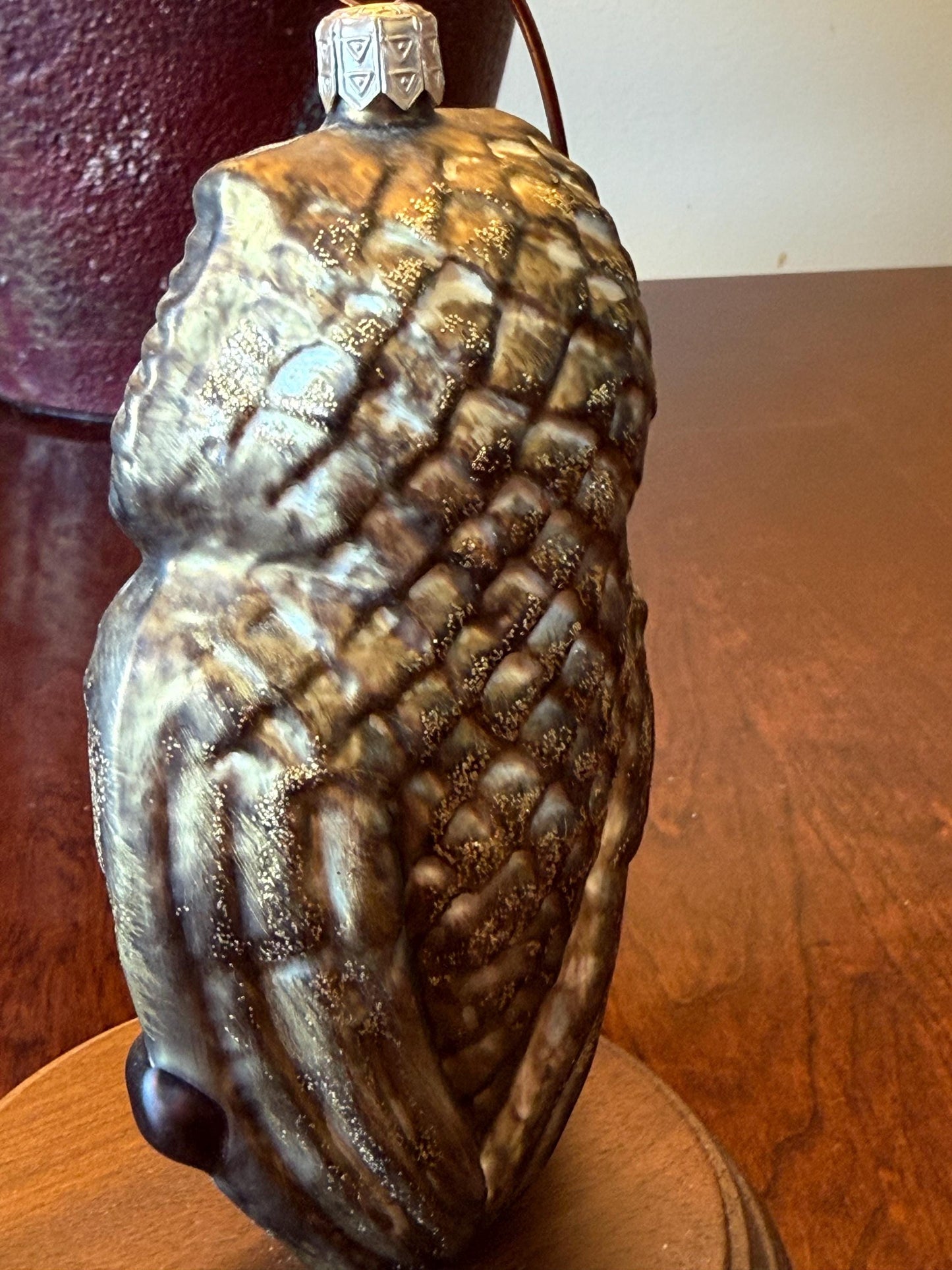 Vintage Owl with Pumpkin Ornament Slavic Poland Hand Blown Green Glass Owl Christmas Holiday Lover Antiques and Vintage