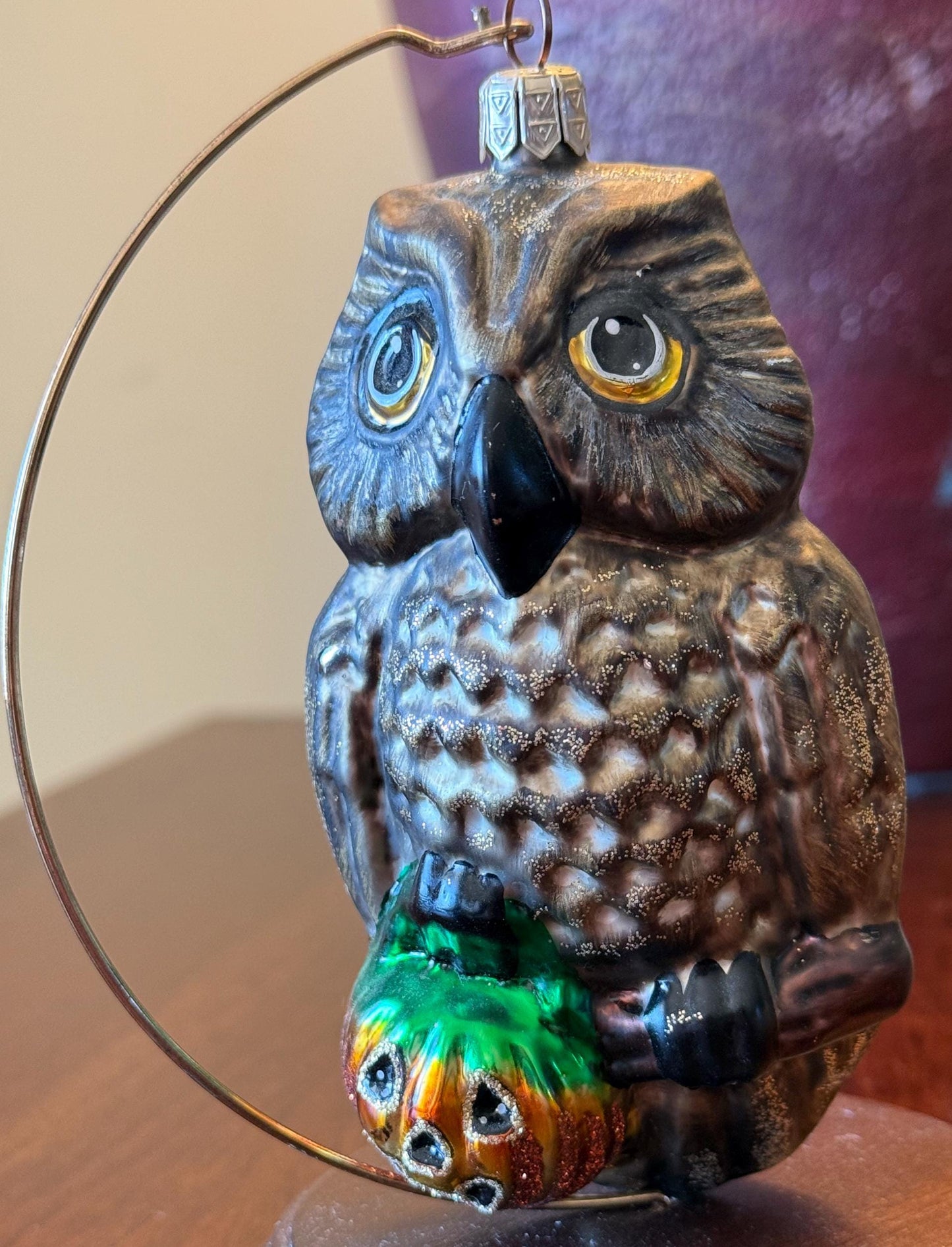 Vintage Owl with Pumpkin Ornament Slavic Poland Hand Blown Green Glass Owl Christmas Holiday Lover Antiques and Vintage