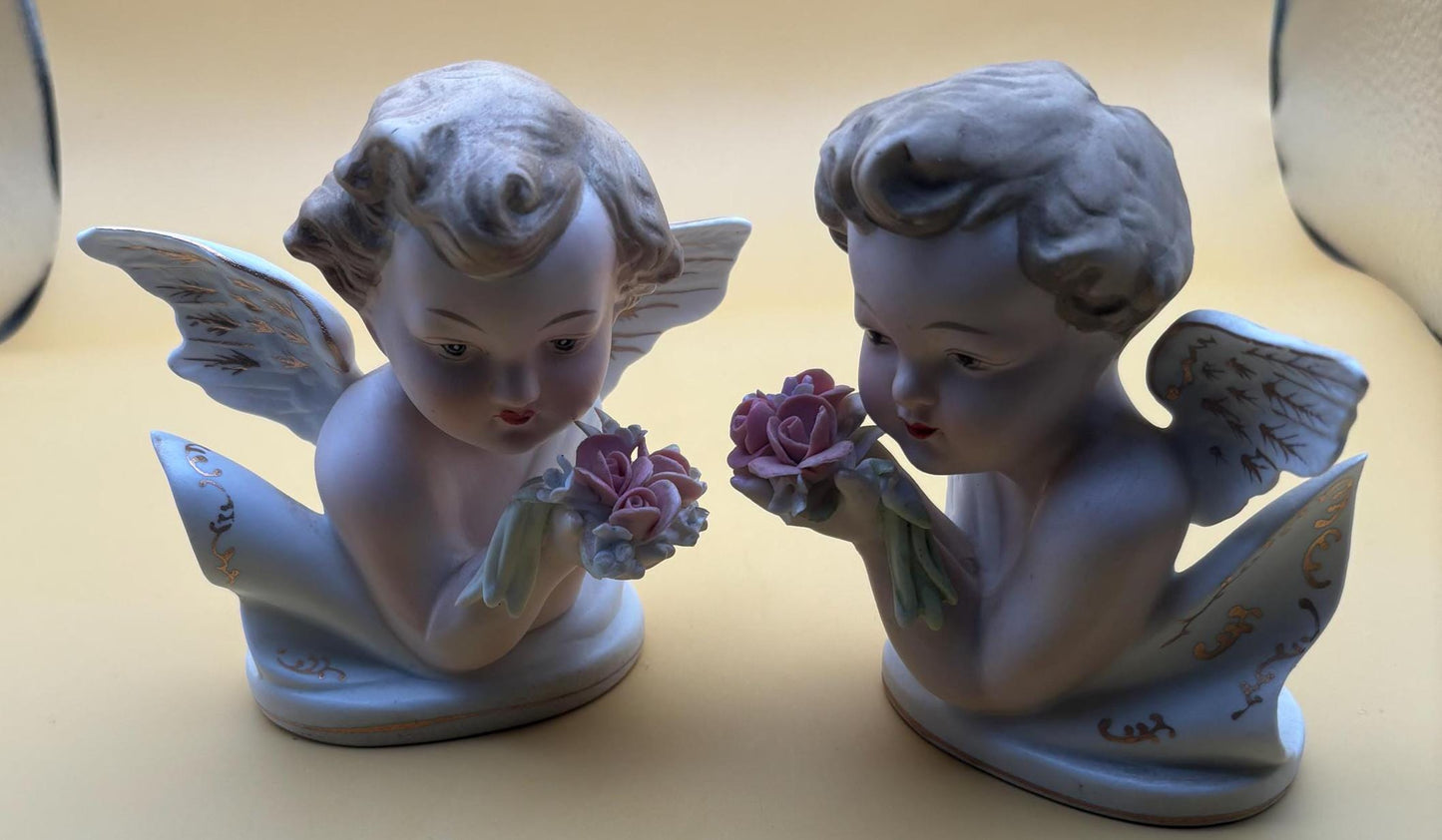 Vintage Lefton Cherubs Hand Painted Porcelain Figurines Set of 2 Angels Lover Antiques and Vintage