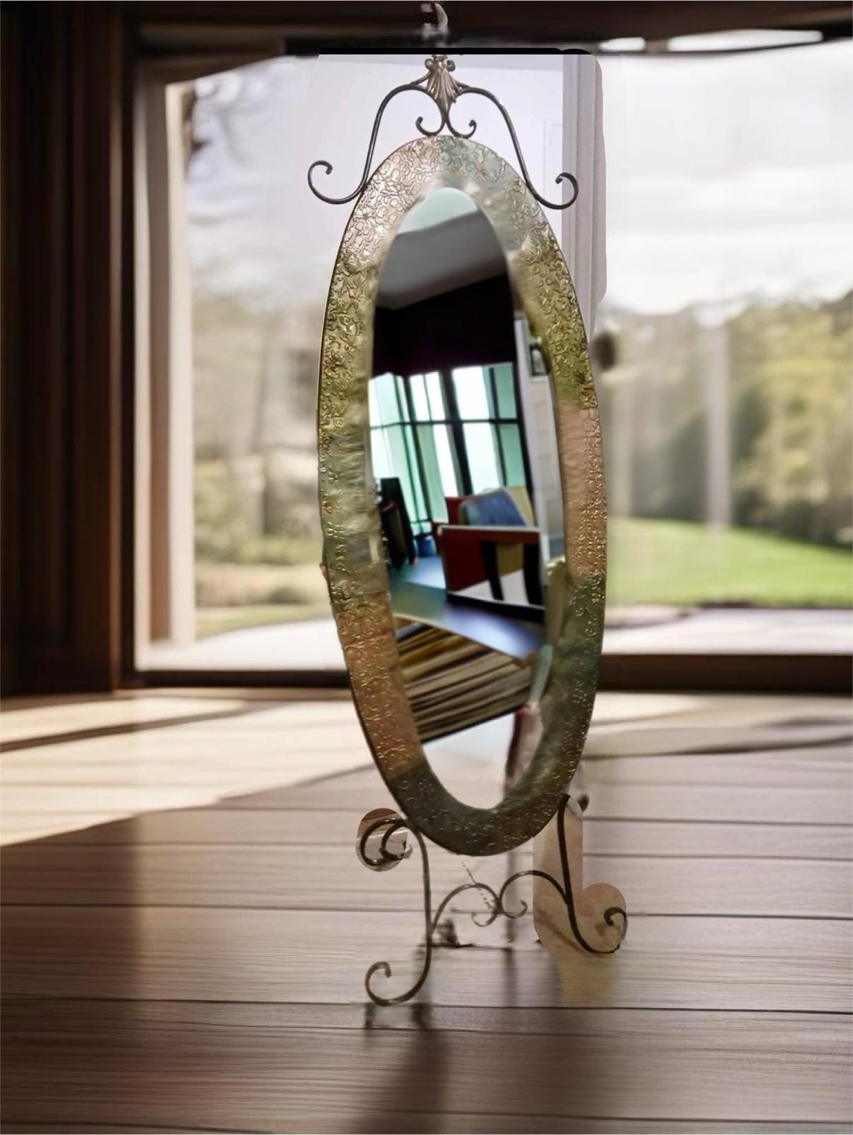 Vintage Oval Framed Cheval Mirror on Wrought Iron Base Lover Antiques and Vintage