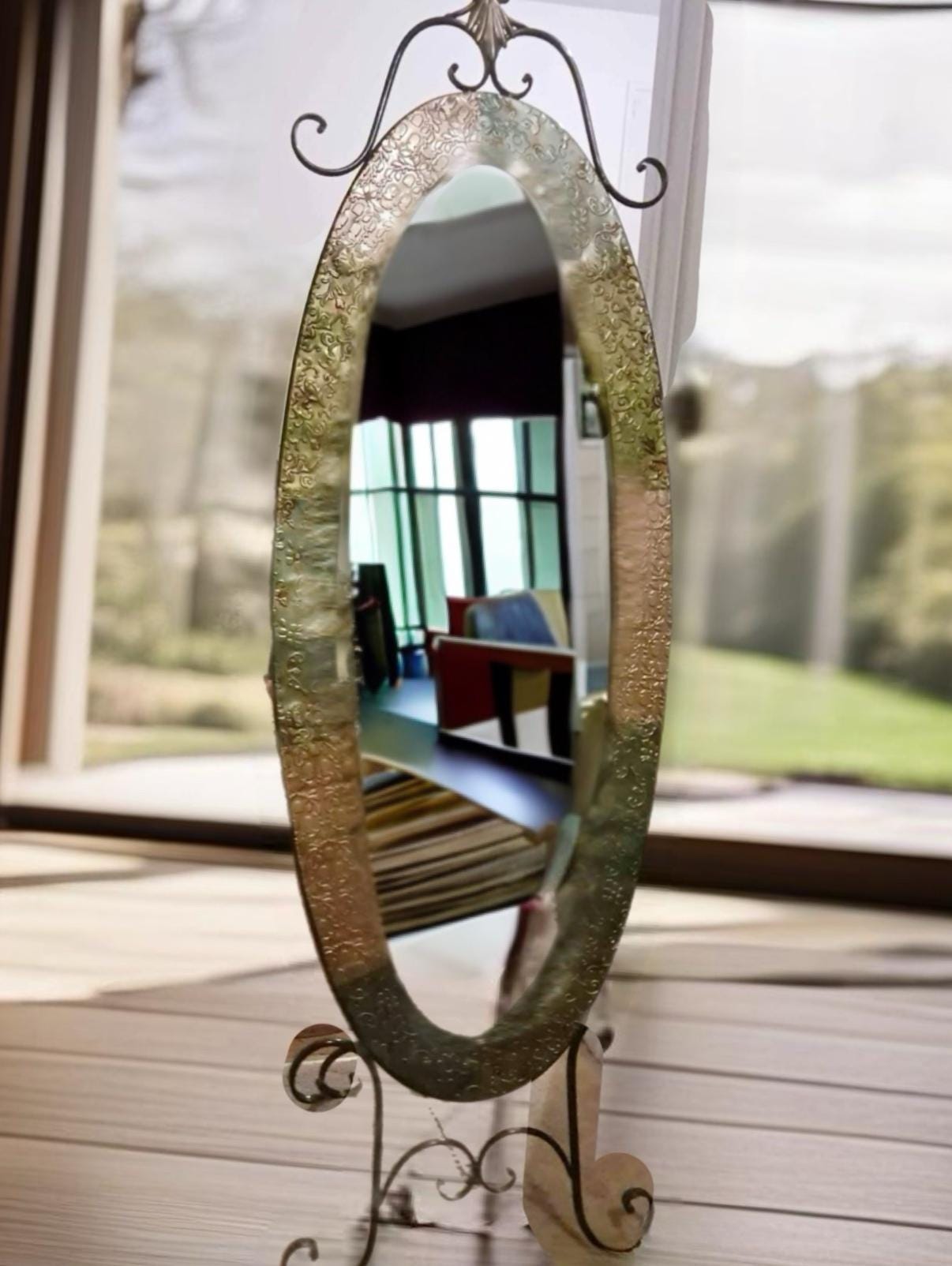 Vintage Oval Framed Cheval Mirror on Wrought Iron Base Lover Antiques and Vintage