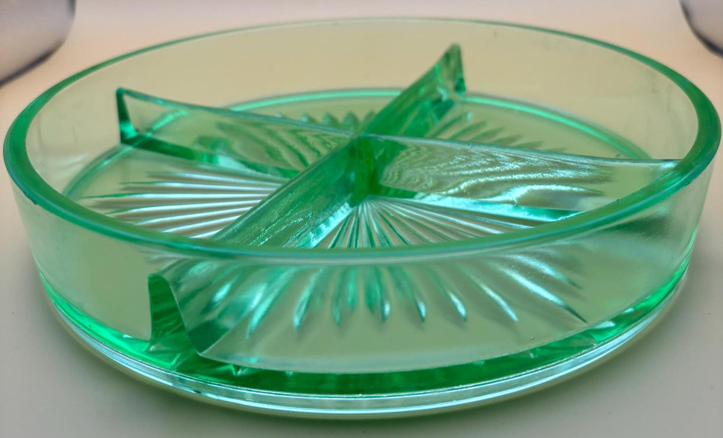 Vintage Crossbar Darcy and Button Vaseline Glass Divided Dish Plate Uranium Glass Lover Antiques and Vintage