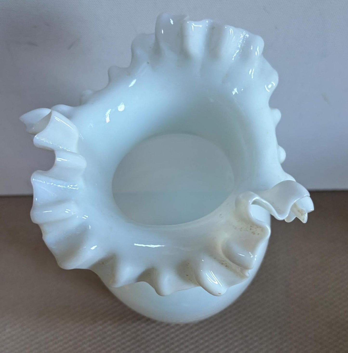 Antique Victorian Bristol Hand Bowl Glass Ruffled White Vase Lover Antiques and Vintage