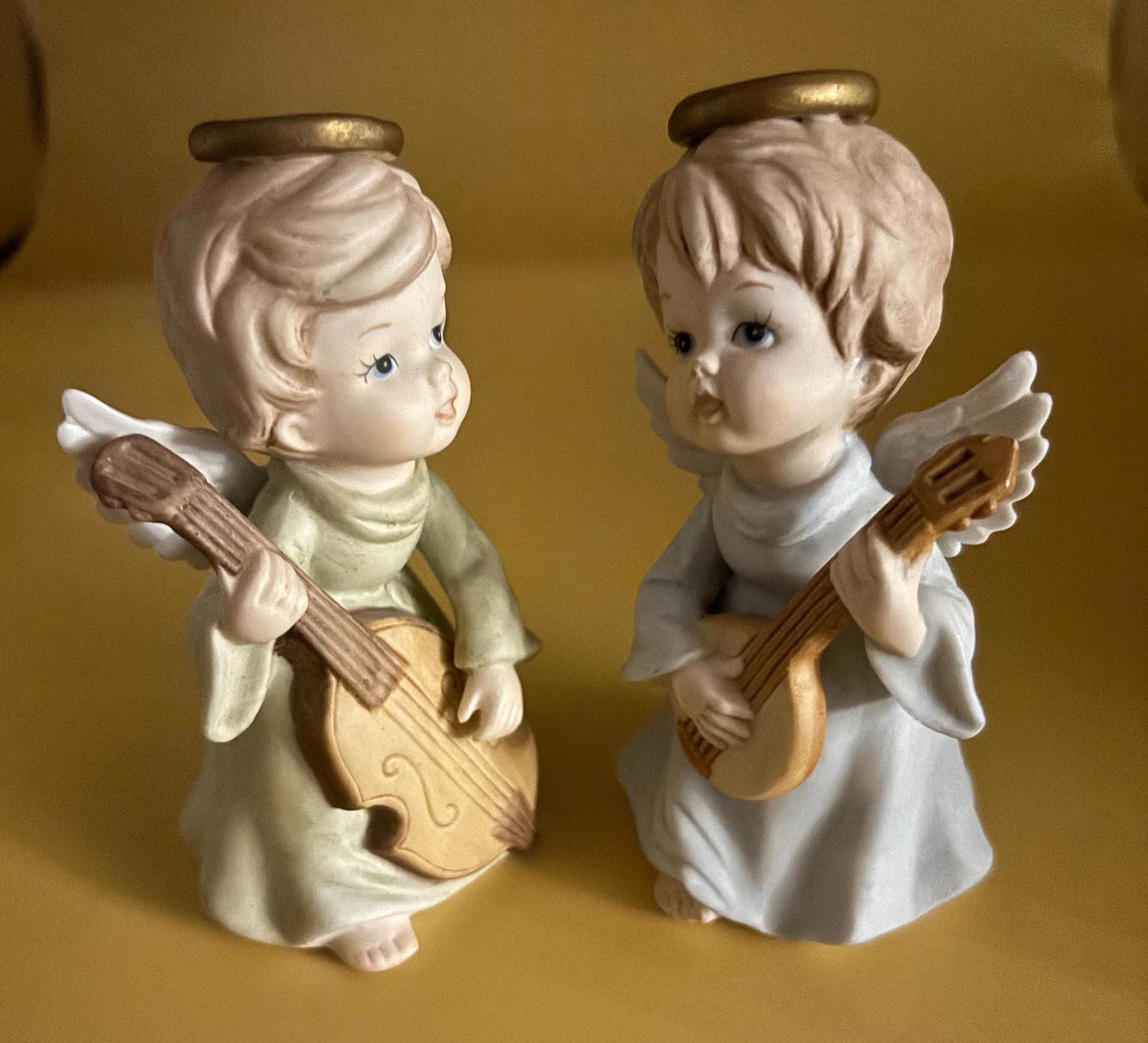 Vintage Lefton Angels Playing Guitar Set of 2 Hand Painted Porcelain Figurines Japanese Lover Antiques and Vintage