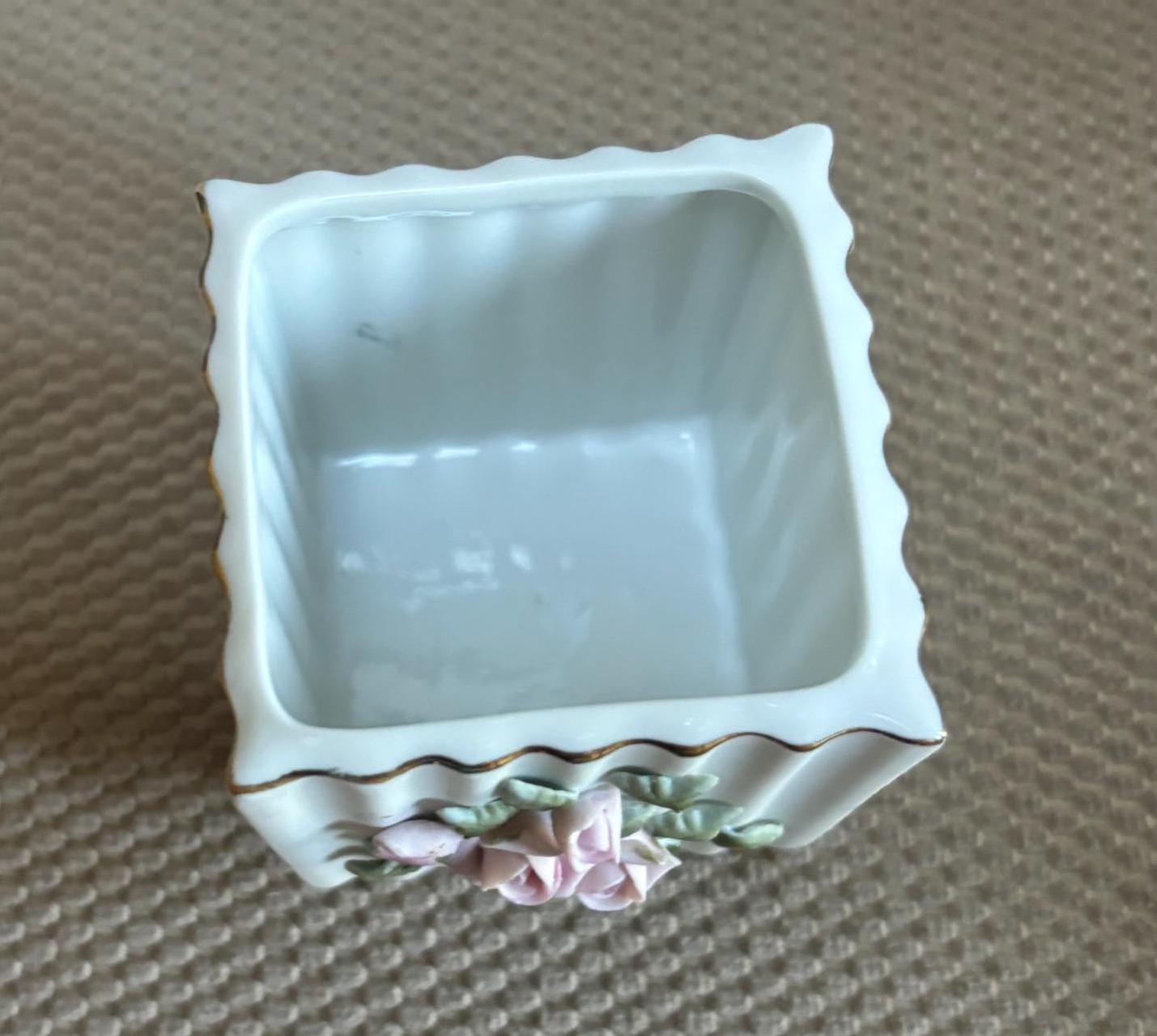 Vintage Lefton Rose Adorned Small Square Footed Trinket Box Hand Painted Porcelain Figurines Japanese Lover Antiques and Vintage