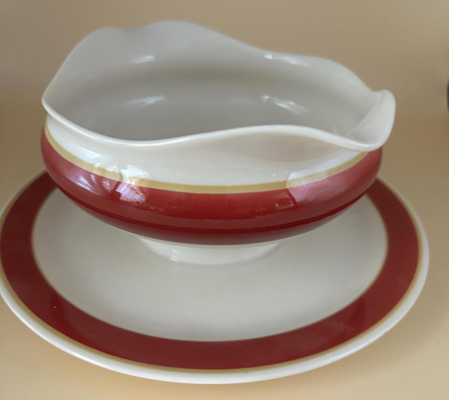 Vintage Syracuse China Gravy Boat and Saucer Red White Orange Stripe Lover Antiques and Vintage