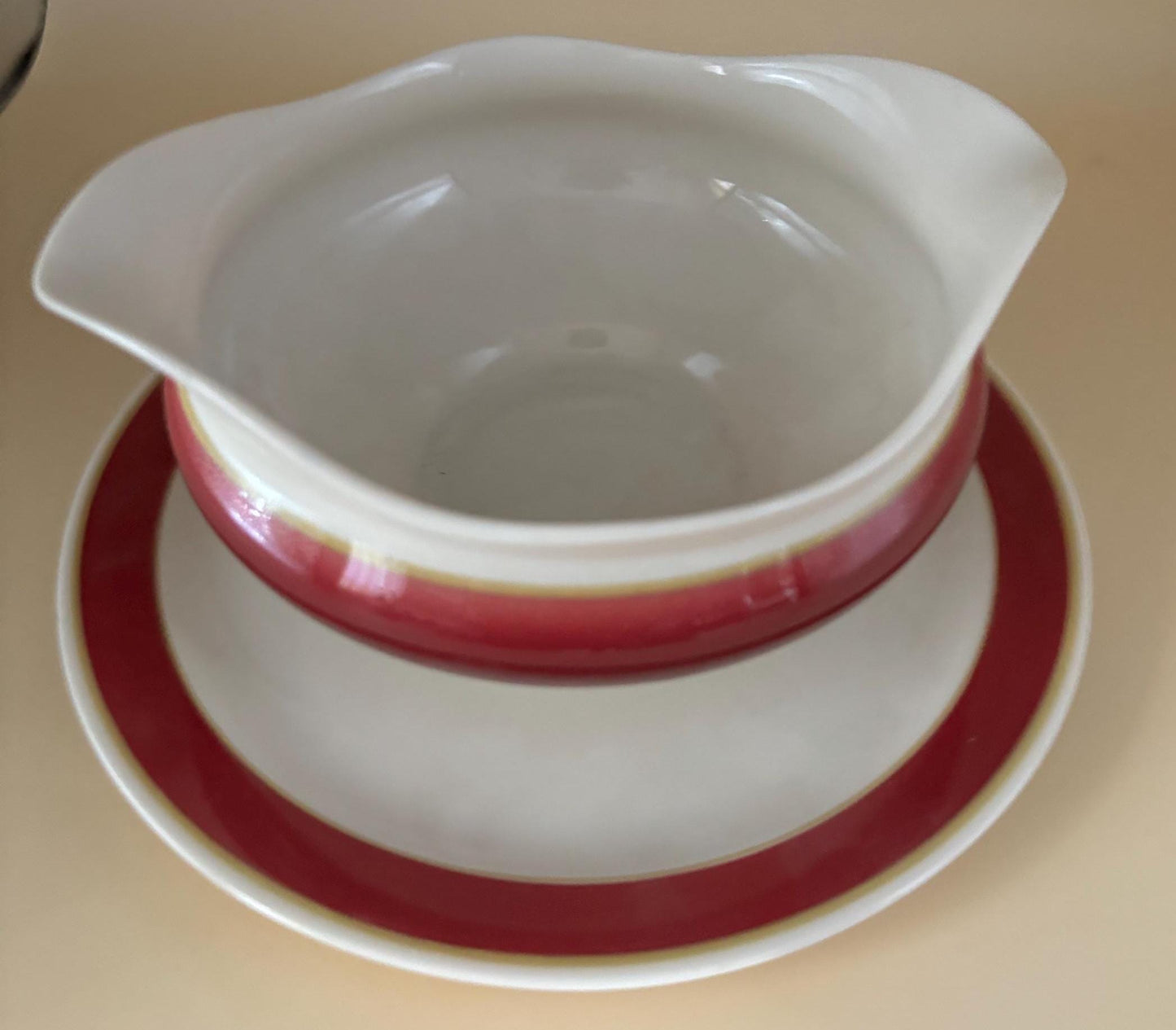 Vintage Syracuse China Gravy Boat and Saucer Red White Orange Stripe Lover Antiques and Vintage