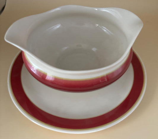Vintage Syracuse China Gravy Boat and Saucer Red White Orange Stripe Lover Antiques and Vintage