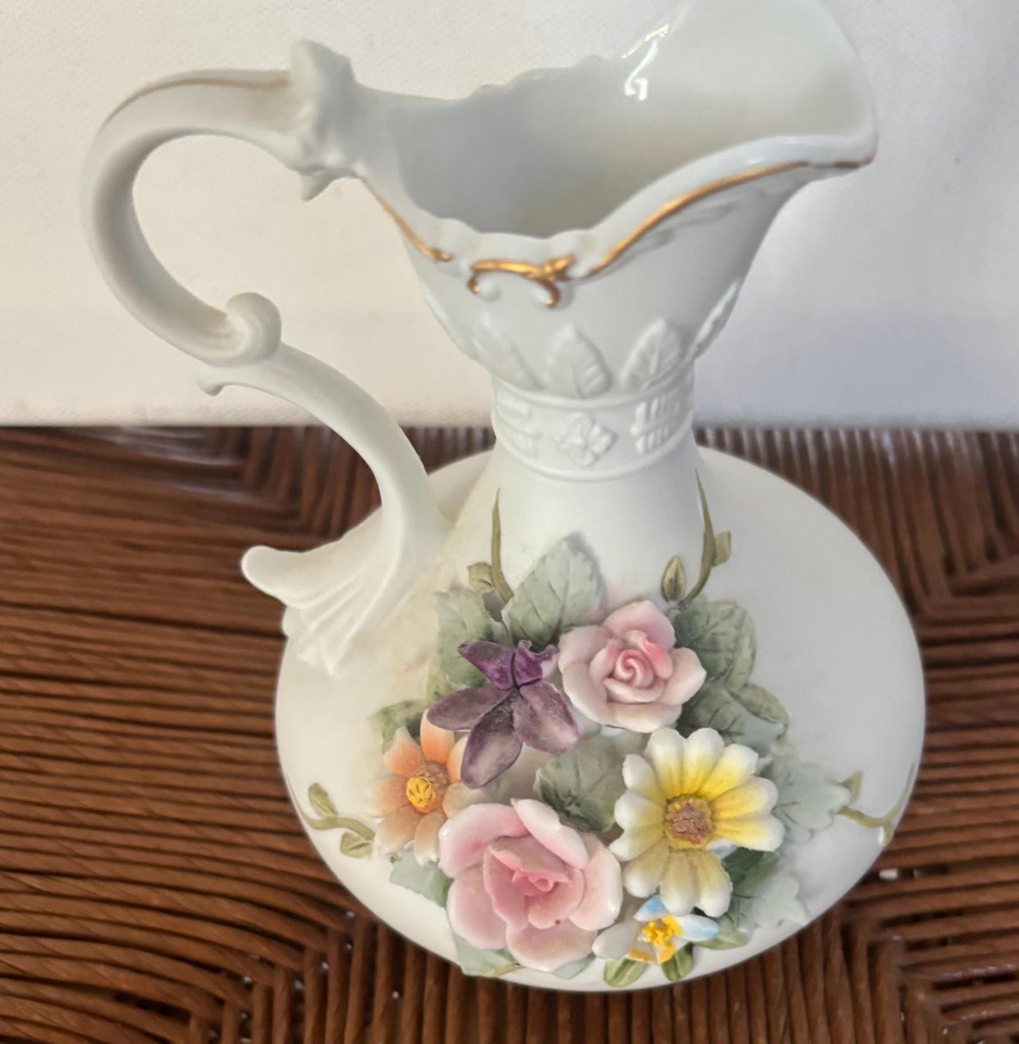 Vintage Lefton Hand Painted Porcelain Pitcher with Handle Capodimonte Figurine Numbered KW4196 Lover Antiques and Vintage