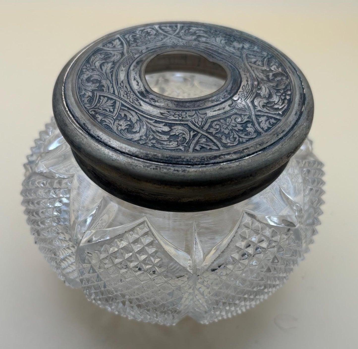 Antique Victorian Cut Crystal Hair Receiver Jar Sterling Silver Lid Lover Antiques and Vintage