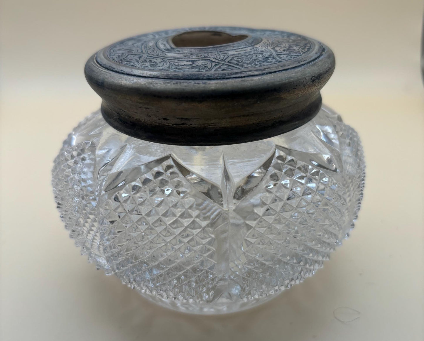 Antique Victorian Cut Crystal Hair Receiver Jar Sterling Silver Lid Lover Antiques and Vintage