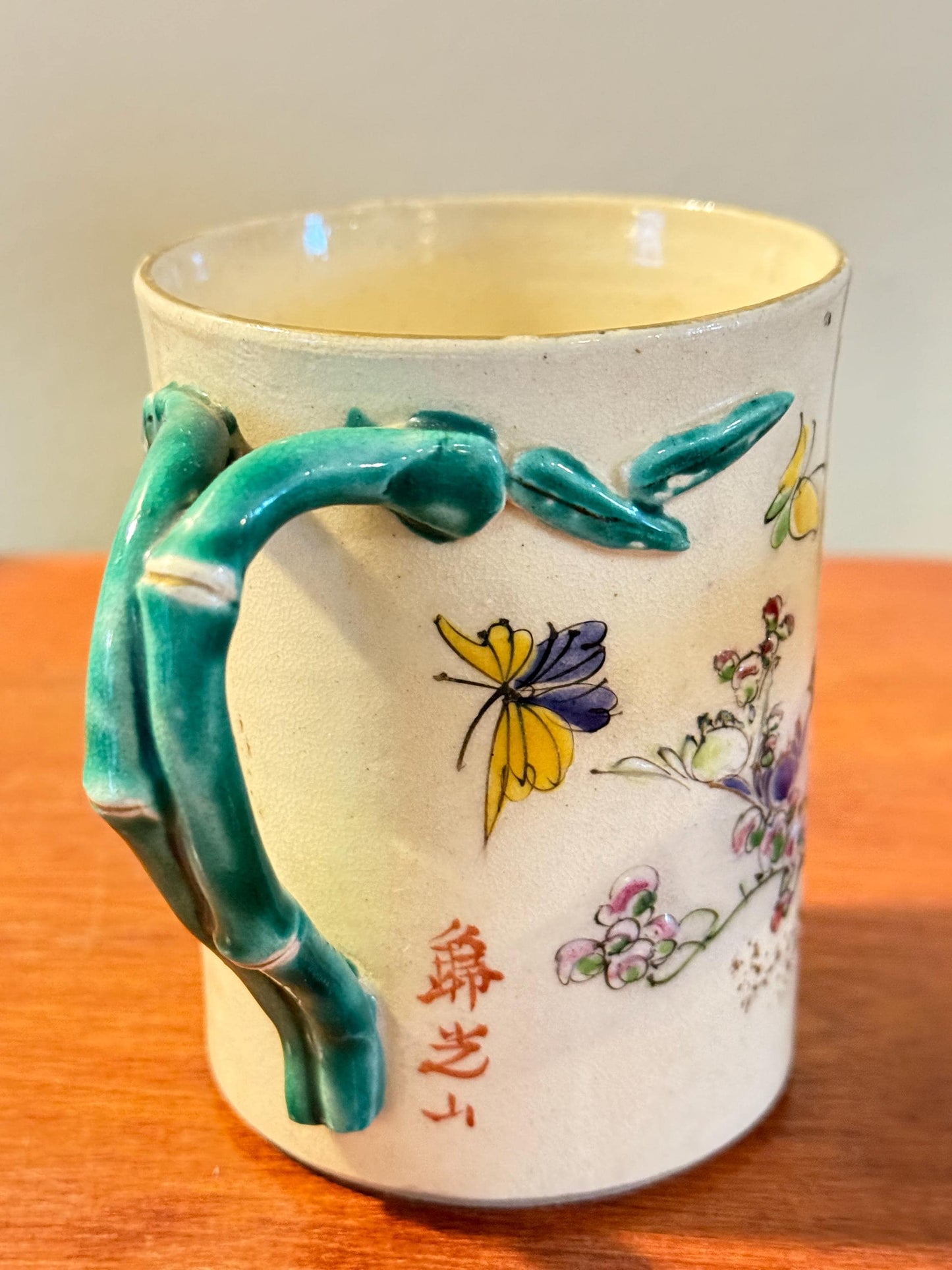 Antique Japanese Satsuma Pottery Cup With Green Handle Hand Painted early 20th Century Lover Antiques and Vintage