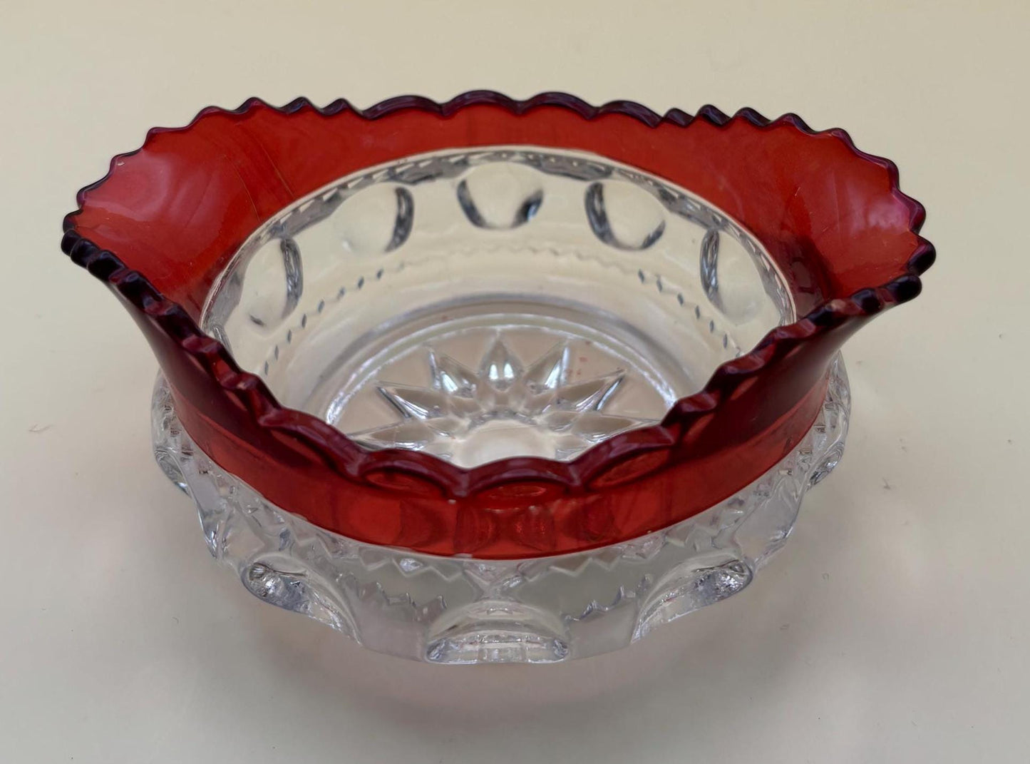 Antique Kings Crown Glass Bohemian Cranberry Cut Ruby Bowl or Spooner Lover Antiques and Vintage