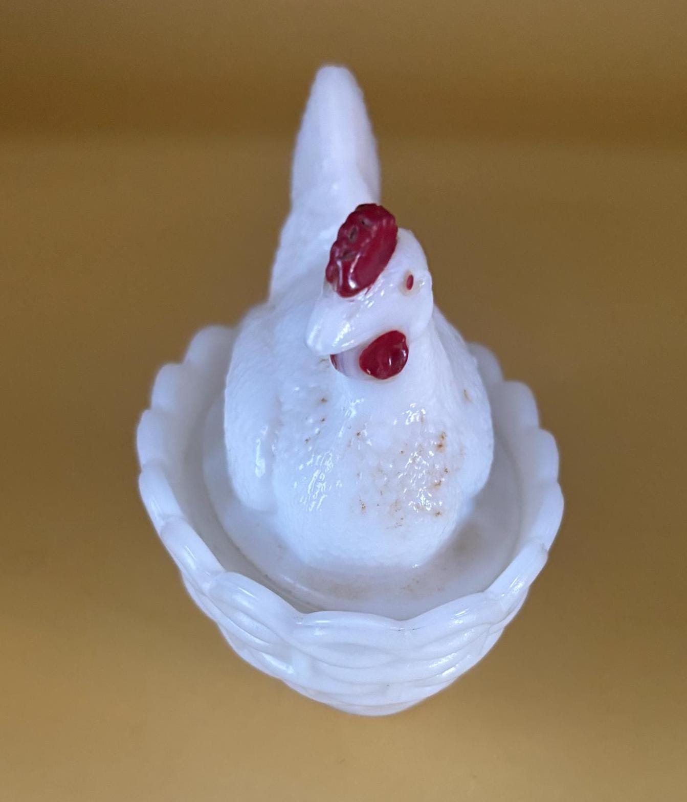 Vintage Westmoreland White & Red Rooster on Nest Glass Nesting on Basket Dish Lover Antiques and Vintage