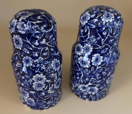 Vintage Salt & Pepper Shakers CALICO Blue Flower Royal Crownford Ironstone England Blue White Floral Transferware Burleigh Lover Antiques