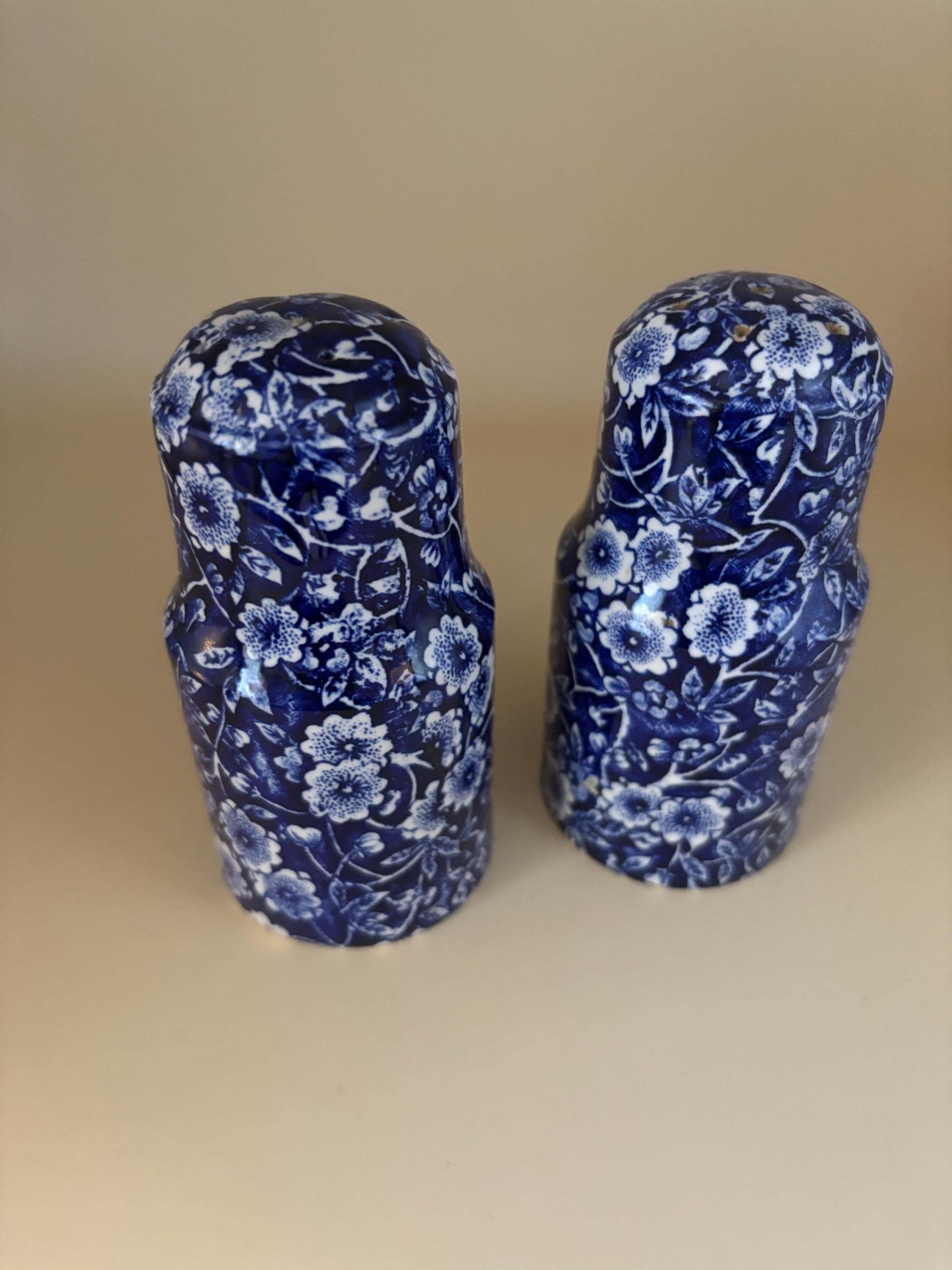 Vintage Salt & Pepper Shakers CALICO Blue Flower Royal Crownford Ironstone England Blue White Floral Transferware Burleigh Lover Antiques