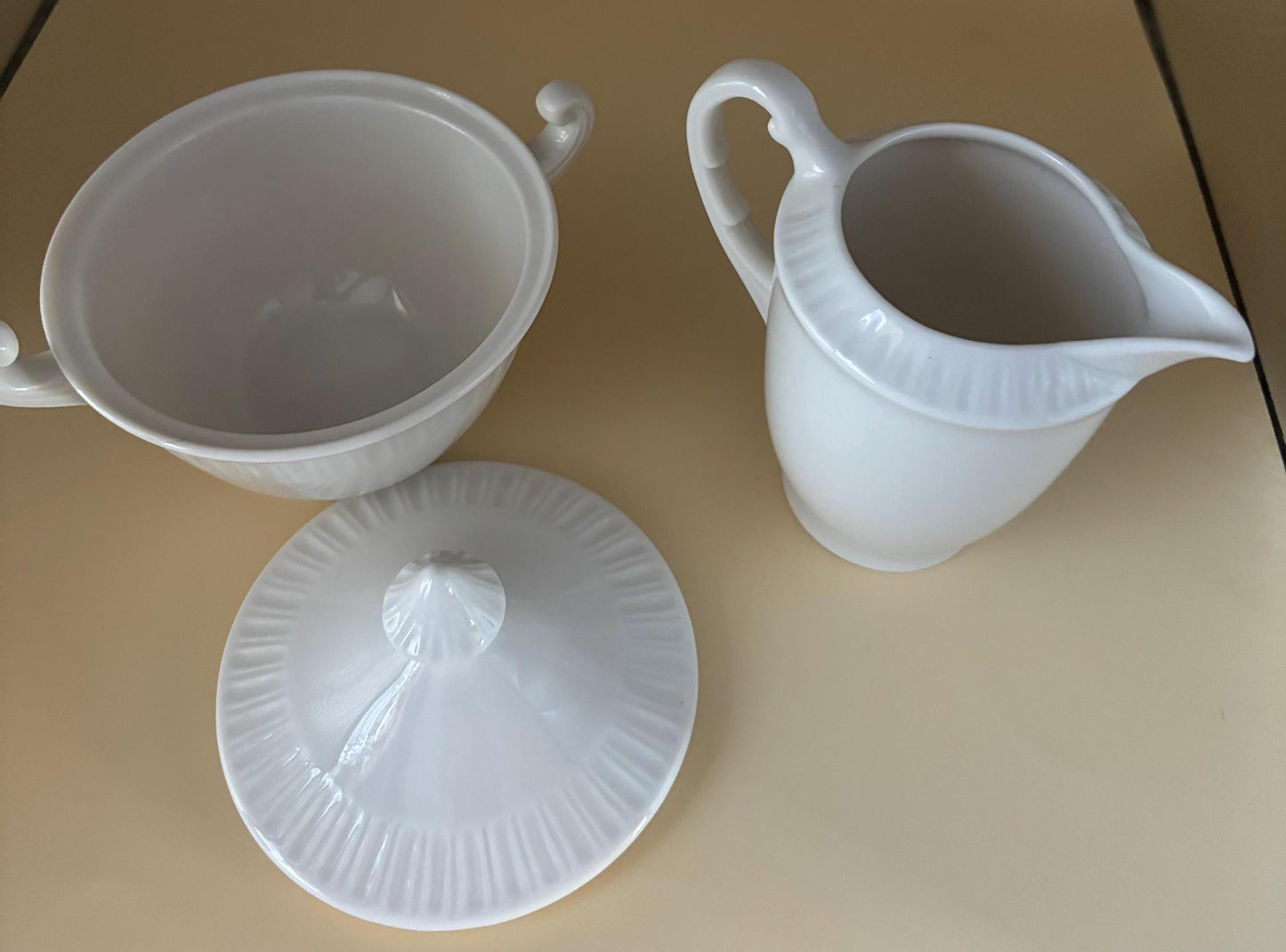 Vintage Shelledge White Sugar and Creamer with Narrow Flutes Edging Syracuse China Lover Antiques and Vintage