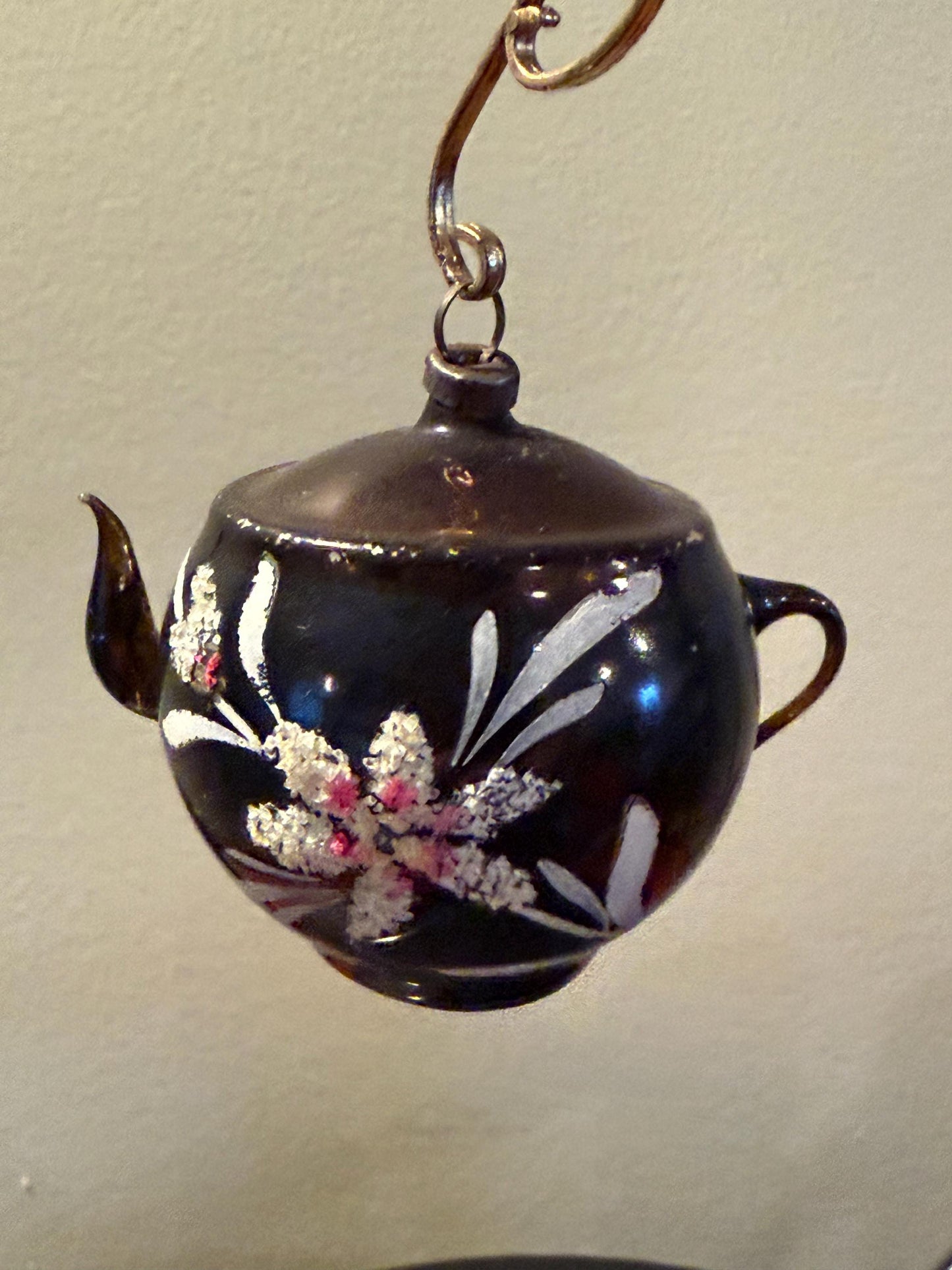 Vintage Dark Berry Tea Pot Ornament Hand Blown Hand Painted Flower Design on Maroon Teapot Ornament Lover Antiques and Vintage