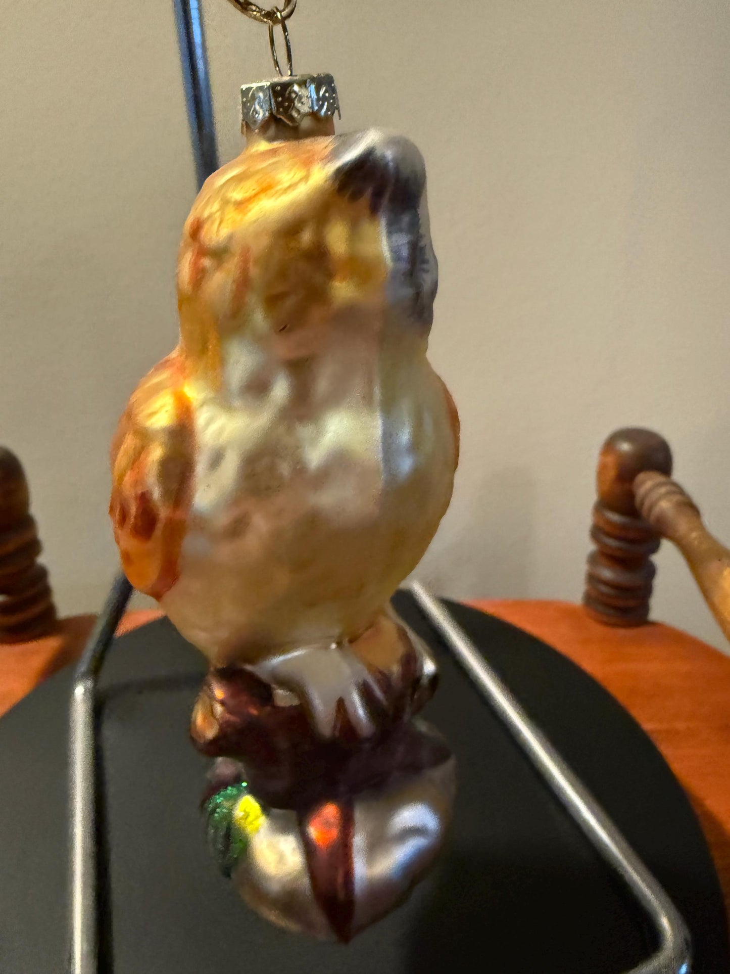 Vintage Owl on a Branch Perch Hand Blown Orange Owl Christmas Holiday Lover Antiques and Vintage