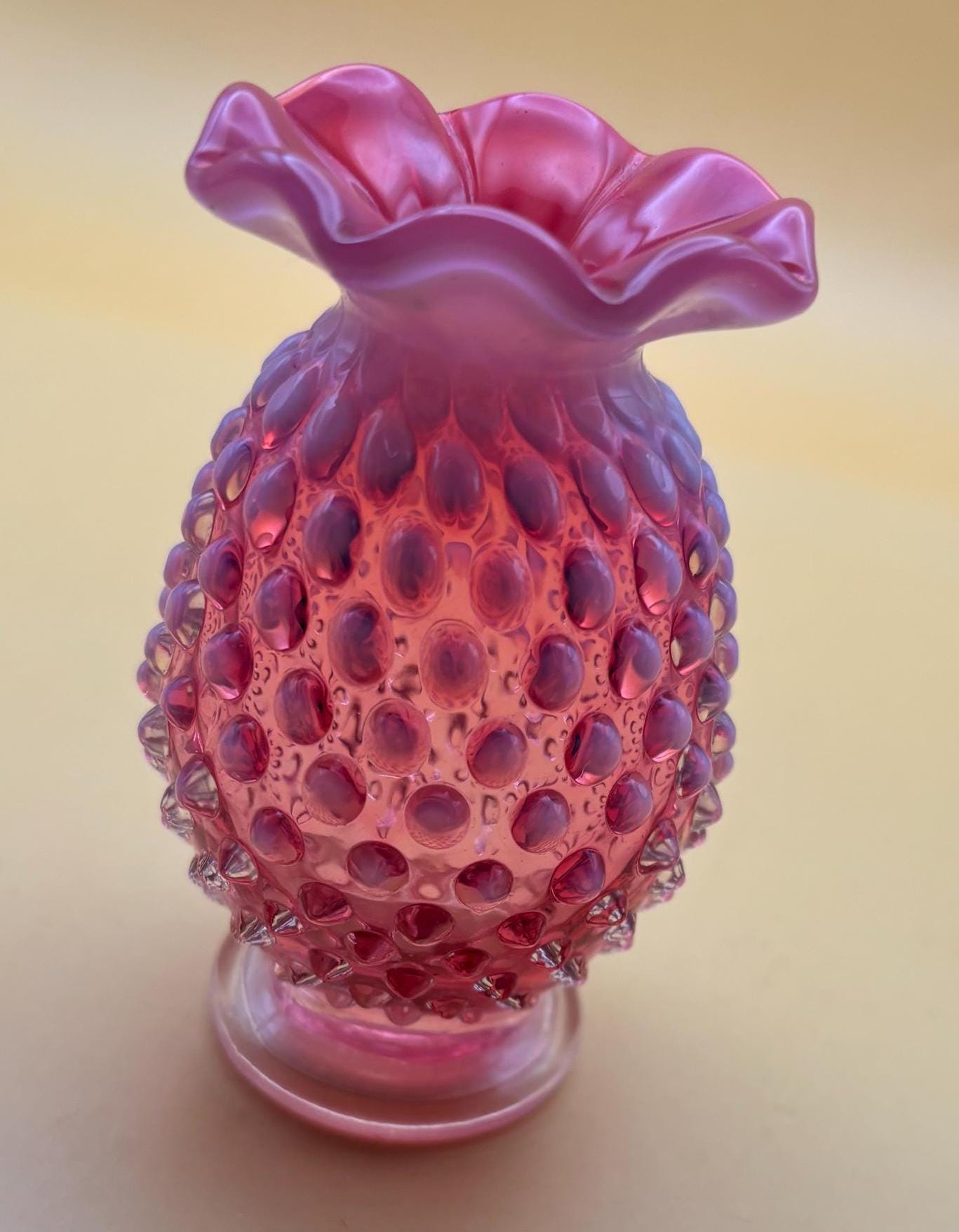Vintage Fenton Cranberry Opalescent Miniature Hobnail Vase with Pedestal Lover Antiques and Vintage