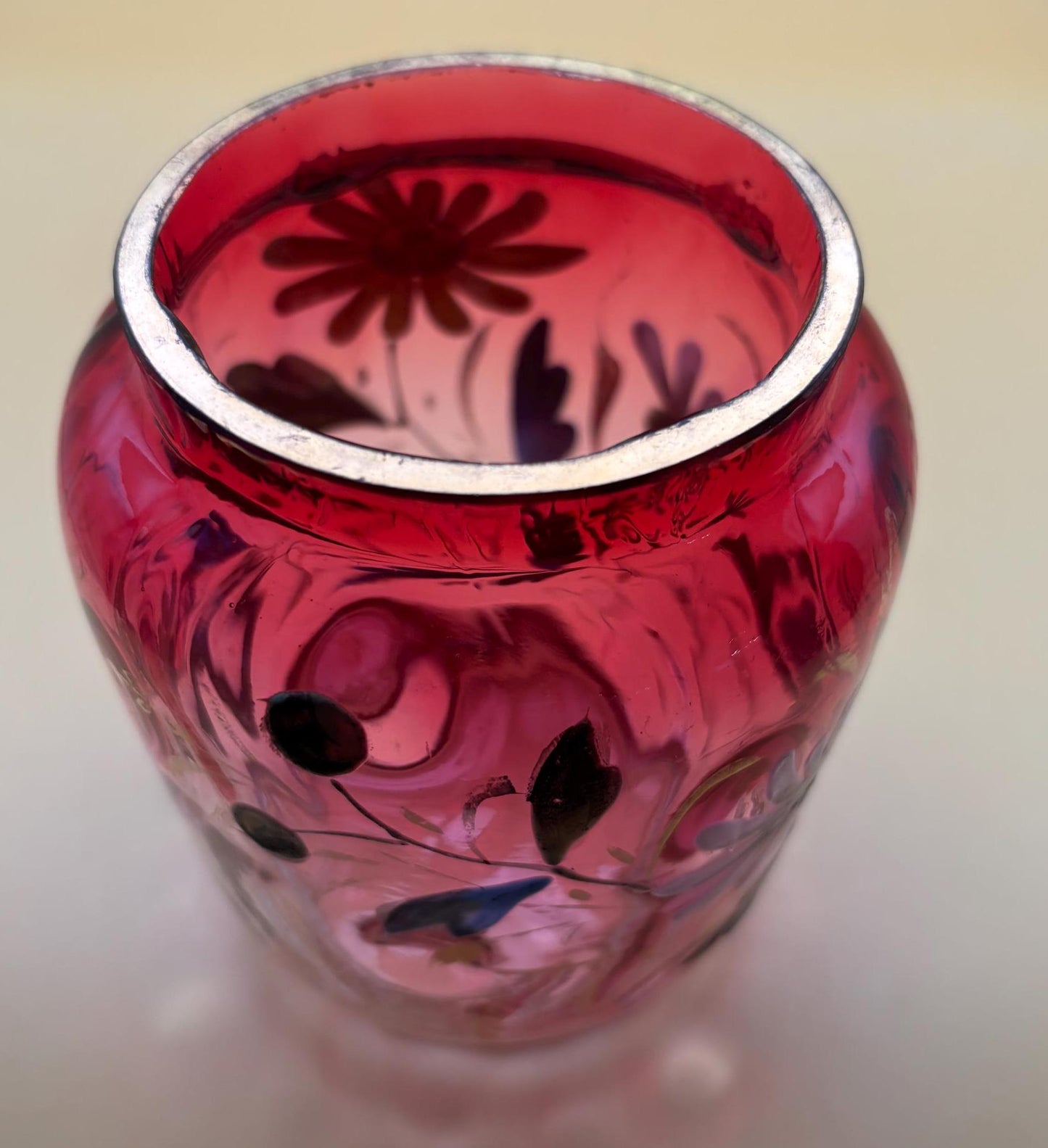 Antique Red Pink White Hombre Hummingbird Vase Hand Painted with Gold Gilding Glass Stevens and Williams Style Lover Antiques and Vintage