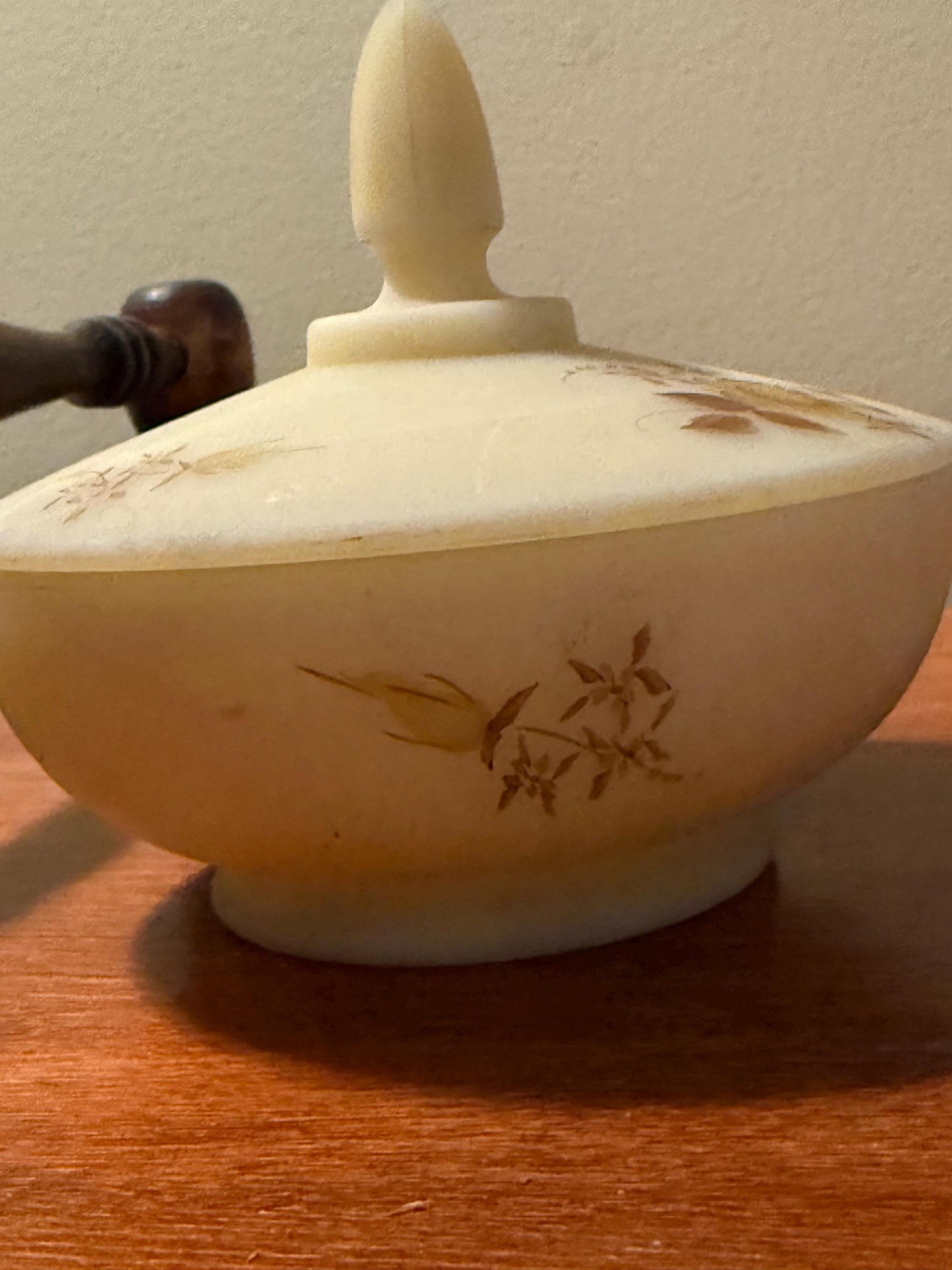 Vintage Fenton Custard Satin Glass Powder Dish with Lid Hand Painted and Signed F. Baxter Lover Antiques and Vintage