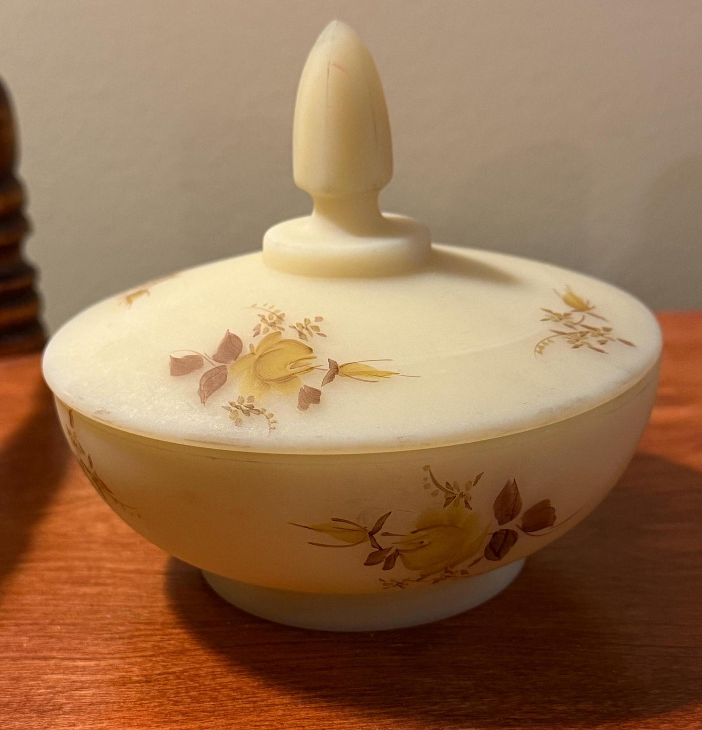 Vintage Fenton Custard Satin Glass Powder Dish with Lid Hand Painted and Signed F. Baxter Lover Antiques and Vintage