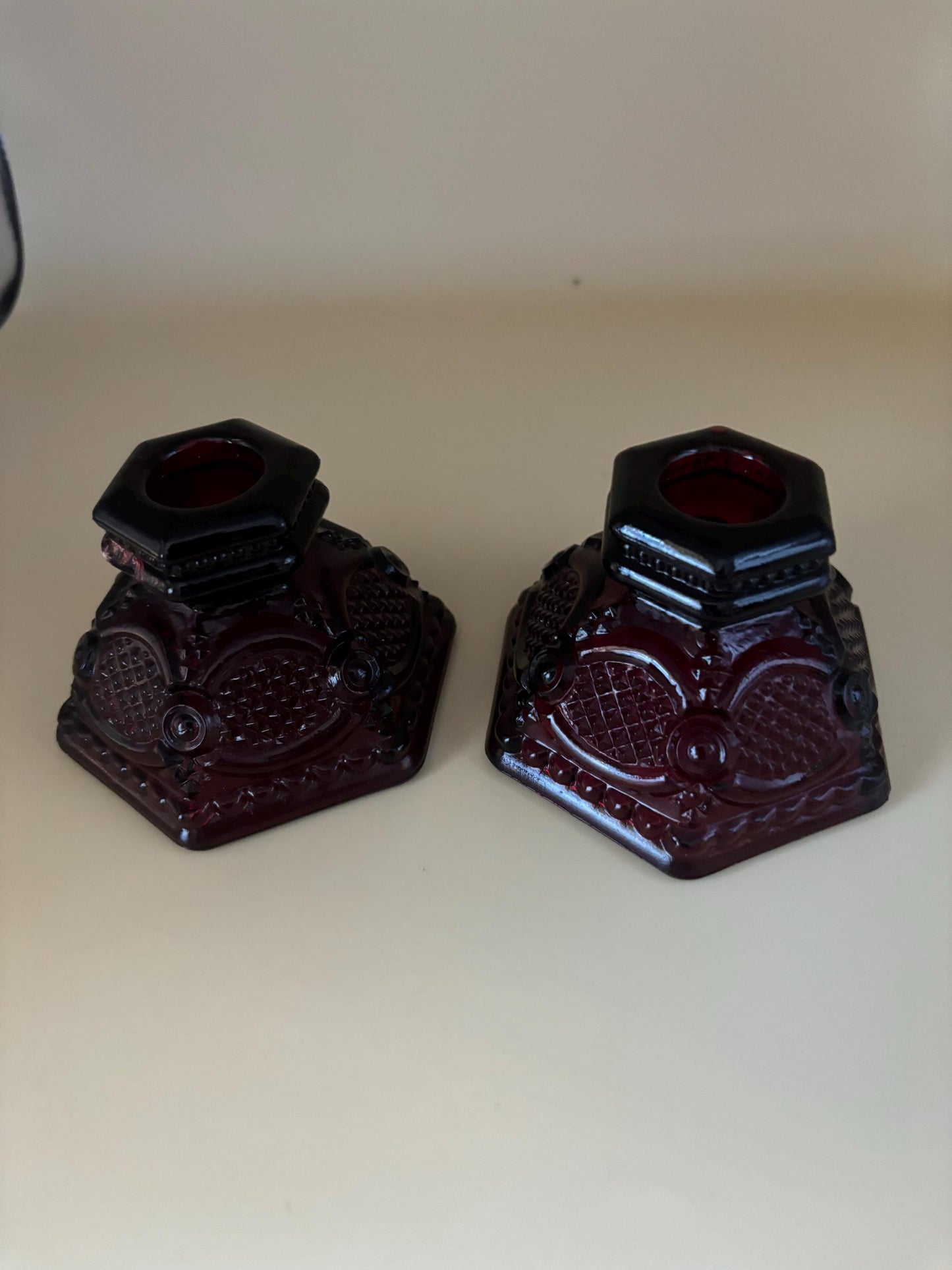 Vintage Fenton Ruby Red Pair of Mini Candleholders Candlestick Holders Lover Antiques and Vintage