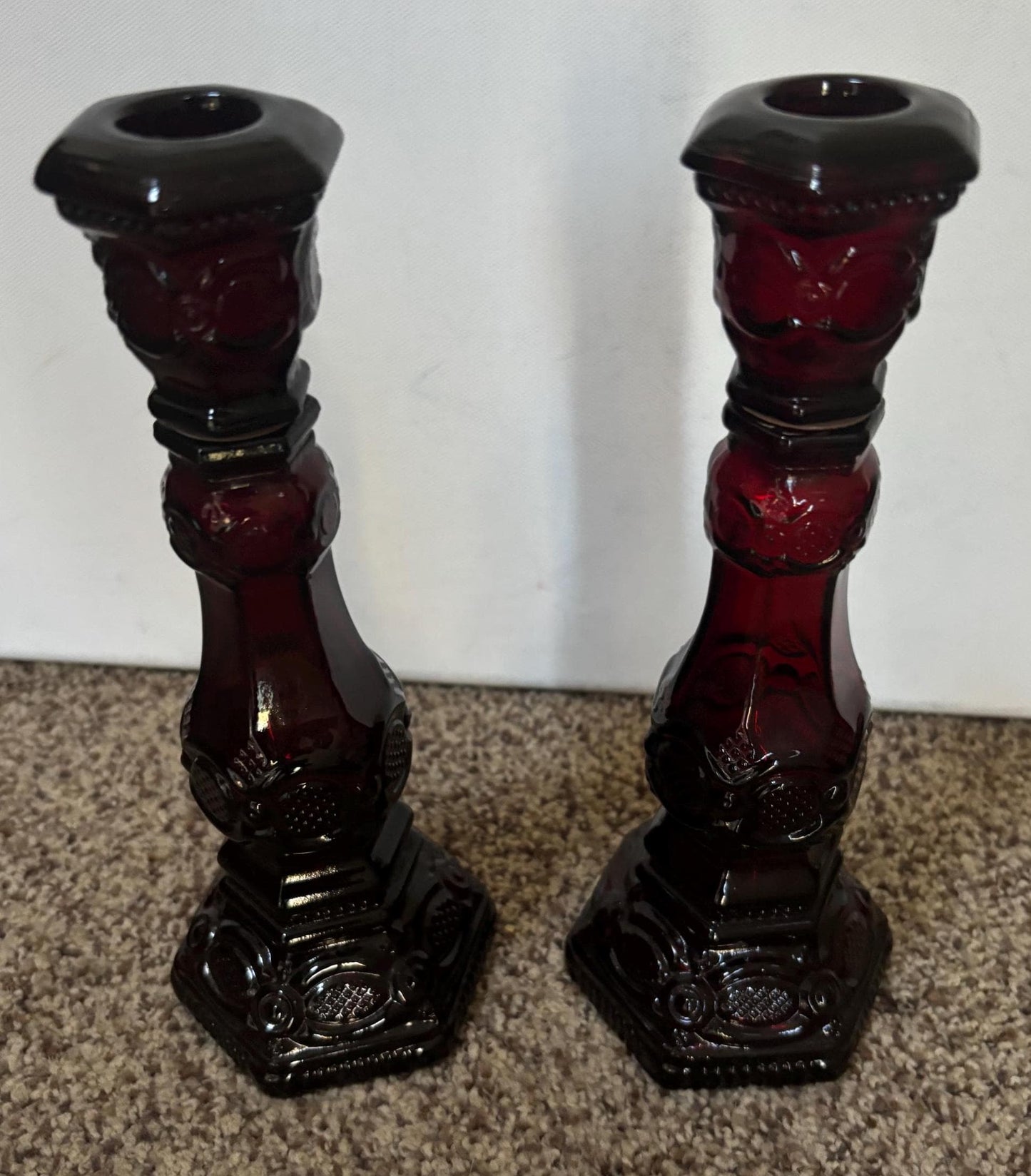 Vintage Avon Cape Cod Pair of Tall Candleholders Ruby Red Candlestick Holders Lover Antiques and Vintage