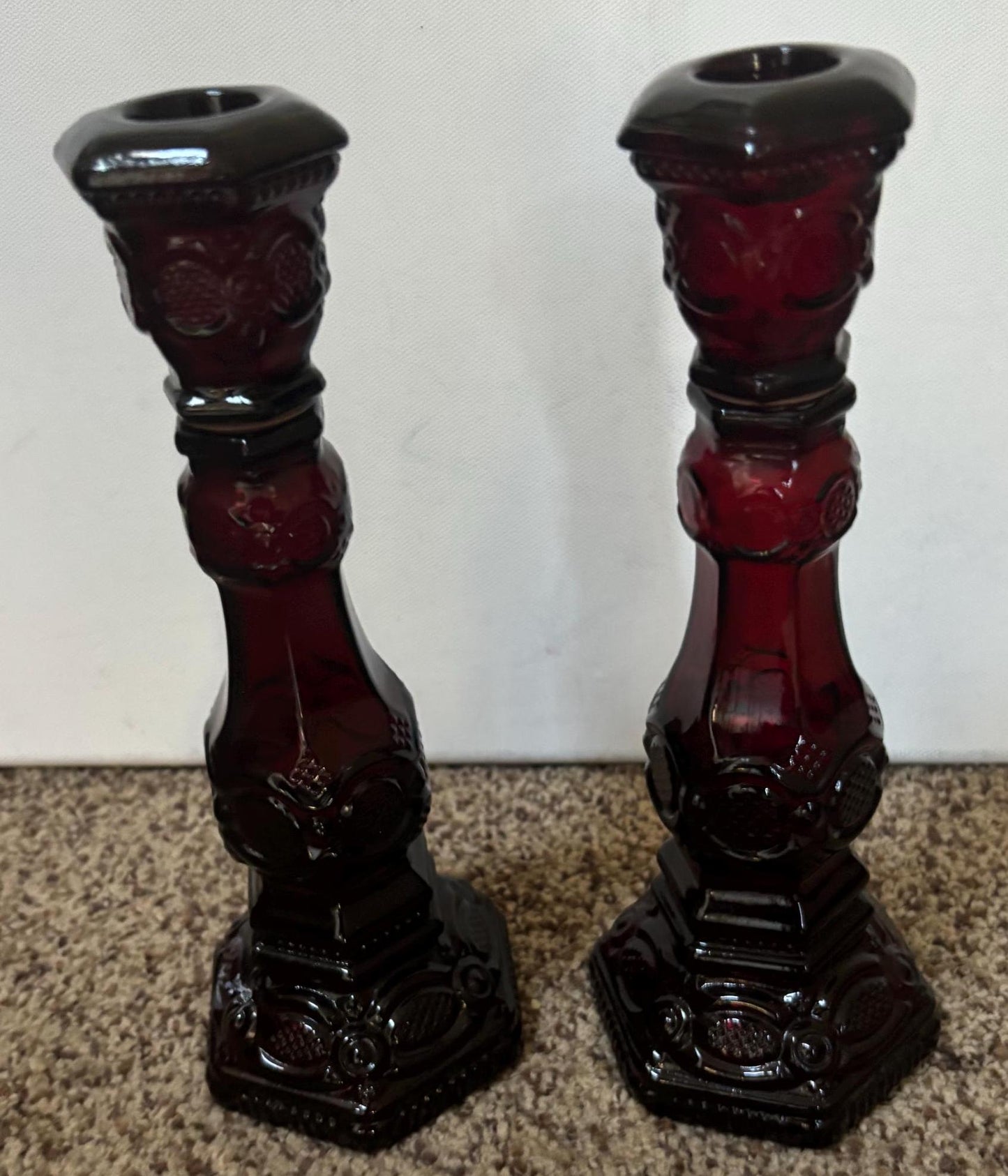 Vintage Avon Cape Cod Pair of Tall Candleholders Ruby Red Candlestick Holders Lover Antiques and Vintage