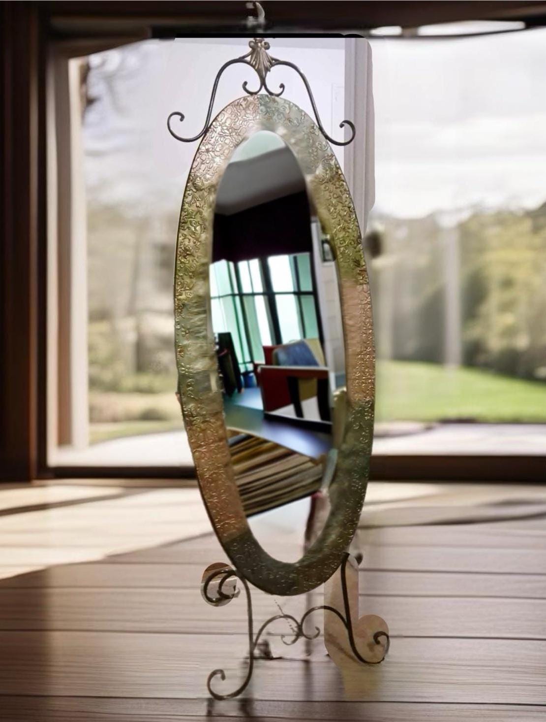 Vintage Oval Framed Cheval Mirror on Wrought Iron Base Lover Antiques and Vintage