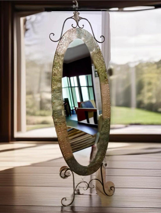 Vintage Oval Framed Cheval Mirror on Wrought Iron Base Lover Antiques and Vintage