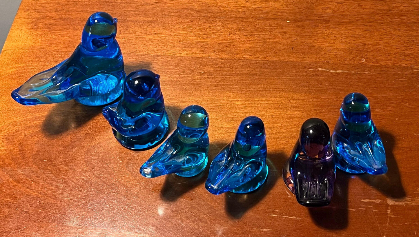 Vintage Ron Ray Collection of Bluebirds of Happiness Set of 6 Art glass birds purple bird 1990-1995 Rare!