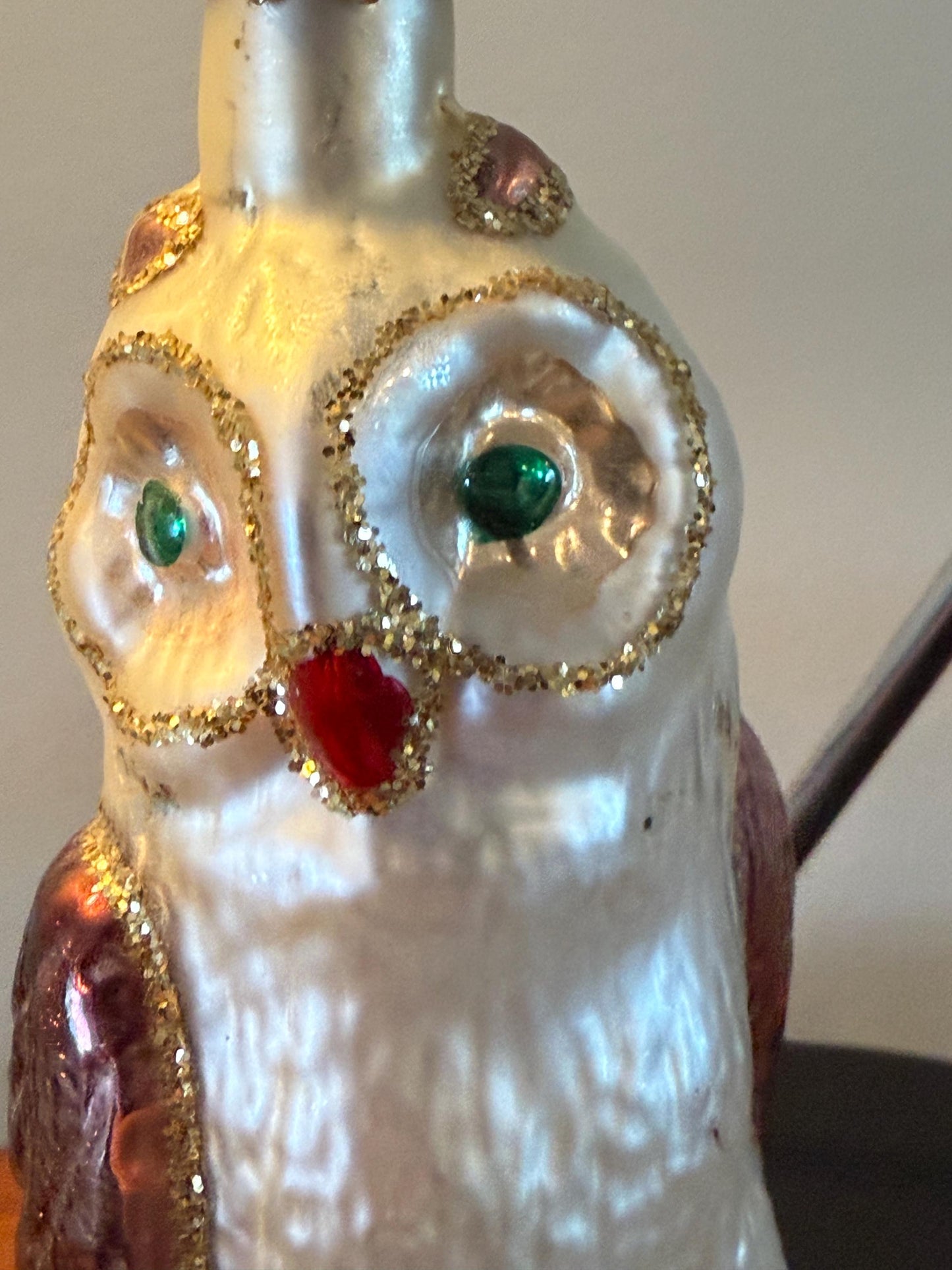 Vintage Owl with Green Eyes on a Perch Hand Blown Owl Christmas Holiday Lover Antiques and Vintage