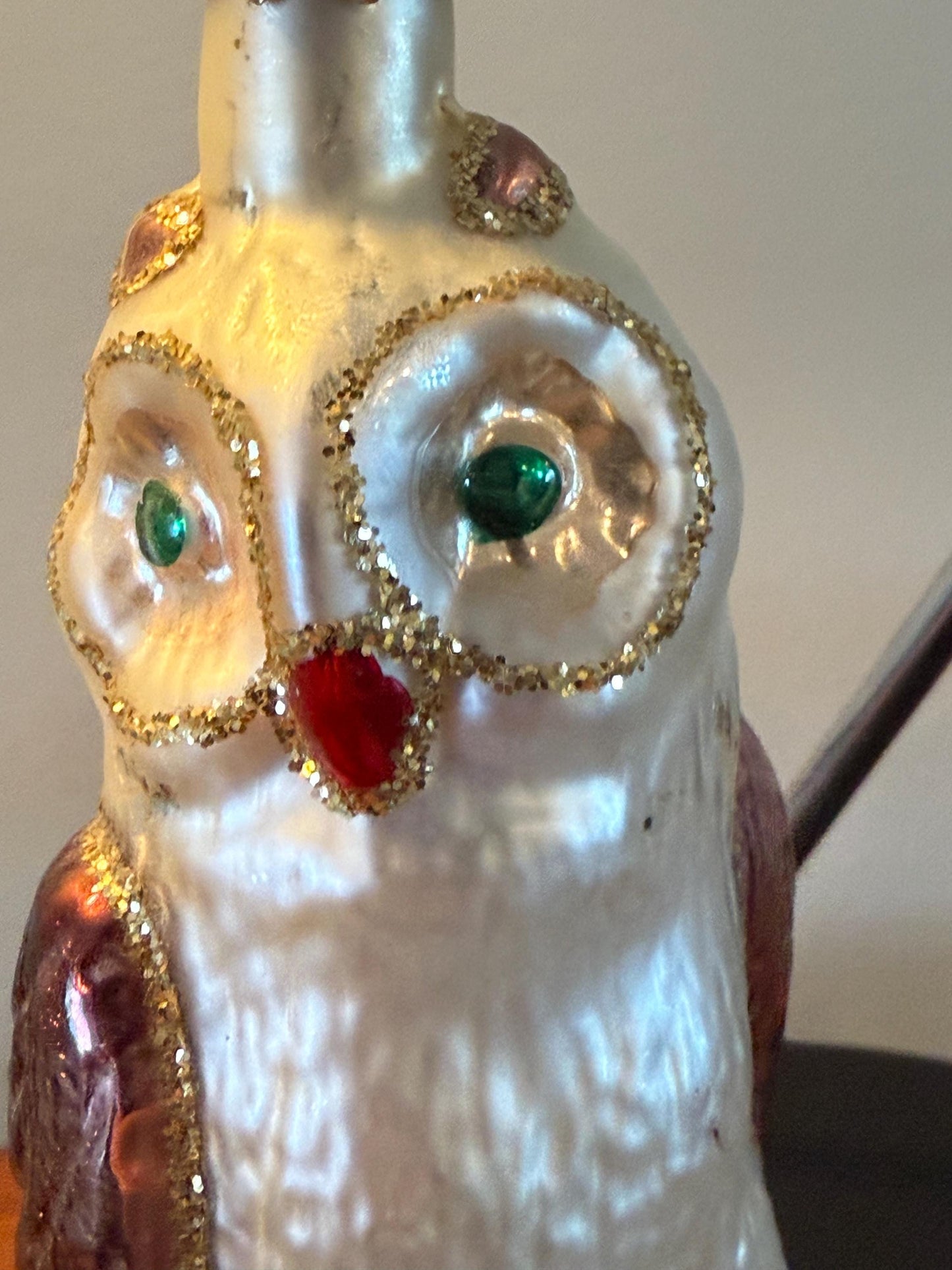 Vintage Owl with Green Eyes on a Perch Hand Blown Owl Christmas Holiday Lover Antiques and Vintage