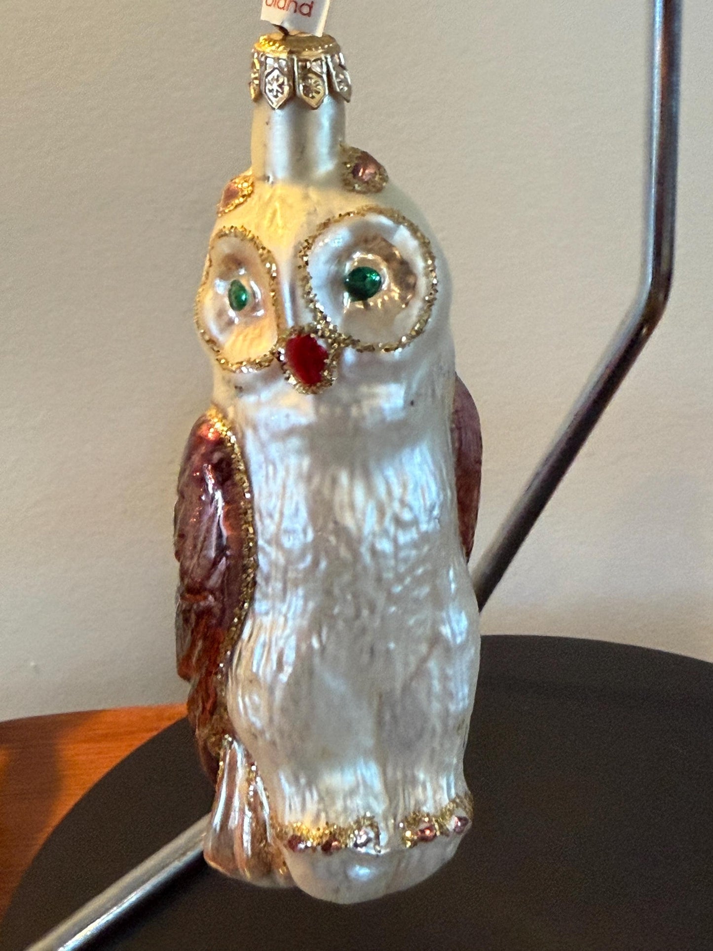 Vintage Owl with Green Eyes on a Perch Hand Blown Owl Christmas Holiday Lover Antiques and Vintage