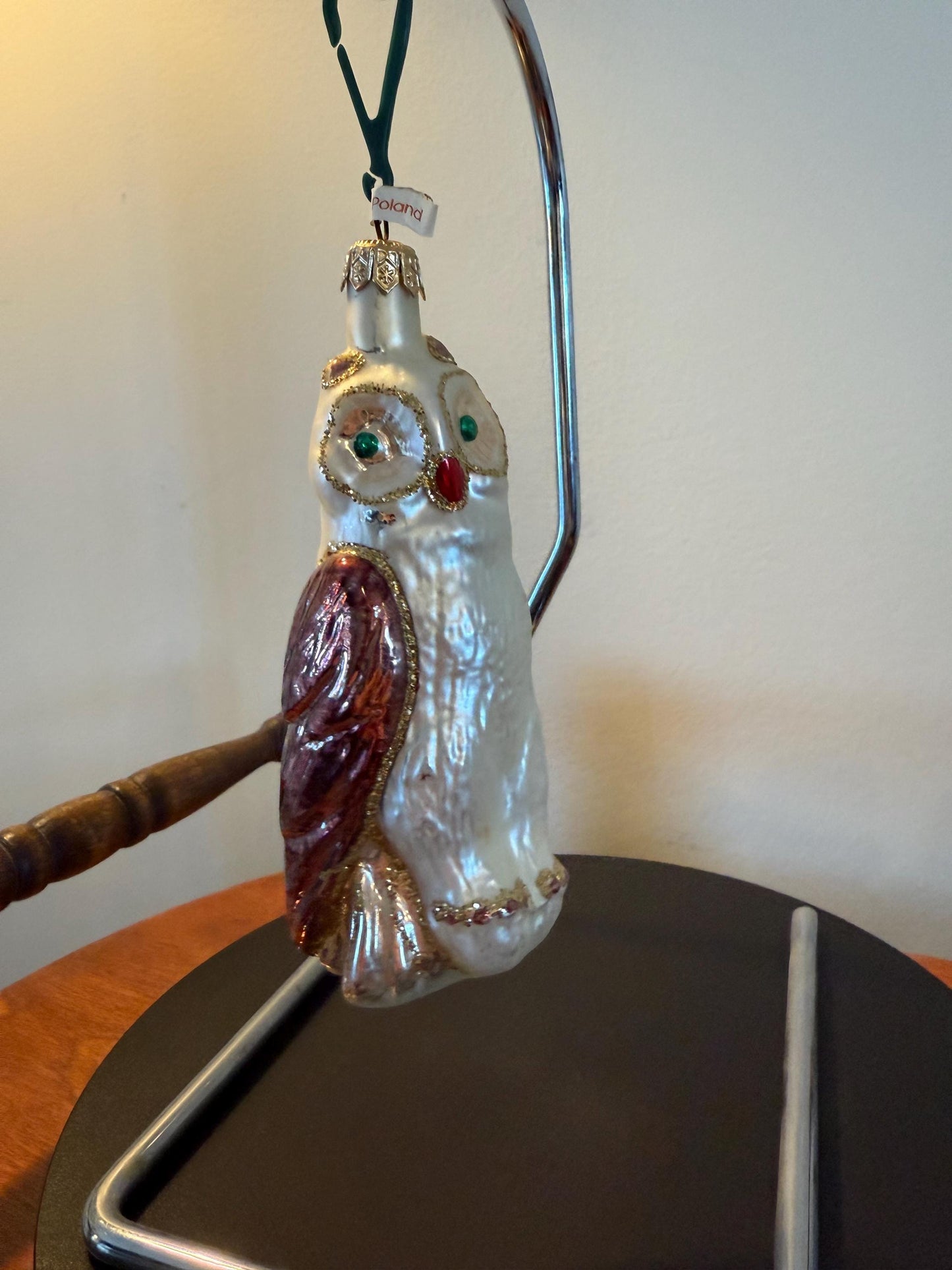 Vintage Owl with Green Eyes on a Perch Hand Blown Owl Christmas Holiday Lover Antiques and Vintage