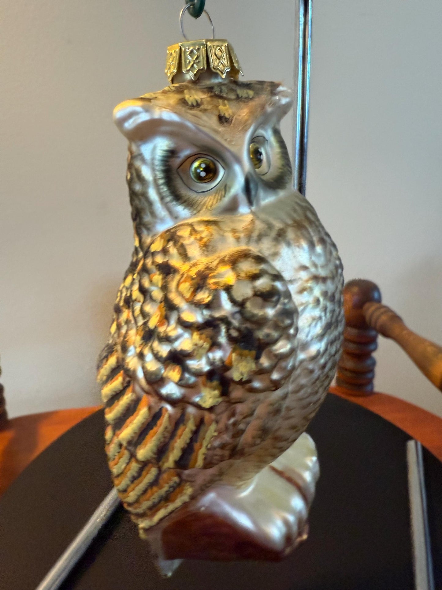 Vintage Owl with Green Eyes on a Perch Hand Blown Owl Christmas Holiday Lover Antiques and Vintage