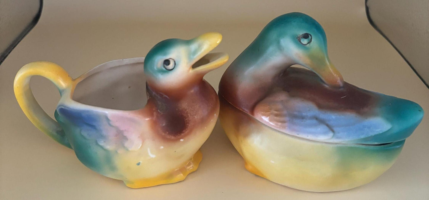 Vintage Czechoslovakia Pottery Mallard Duck Cream and Sugar Dish Set Numbered 32 Lover Antiques and Vintage