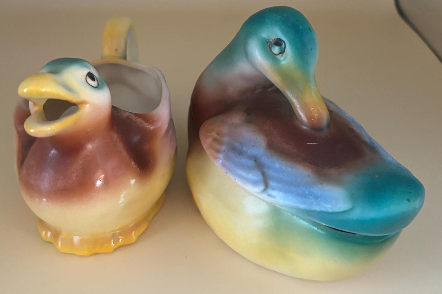 Vintage Czechoslovakia Pottery Mallard Duck Cream and Sugar Dish Set Numbered 32 Lover Antiques and Vintage