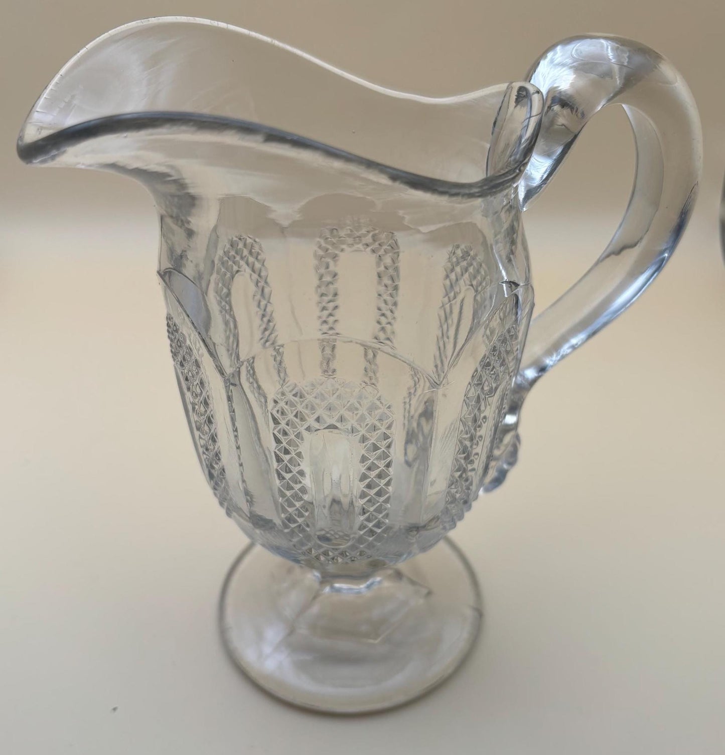 Antique Flint Glass Pitcher or Glass Creamer Footed Buckle Pattern Design Lover Antiques and Vintage