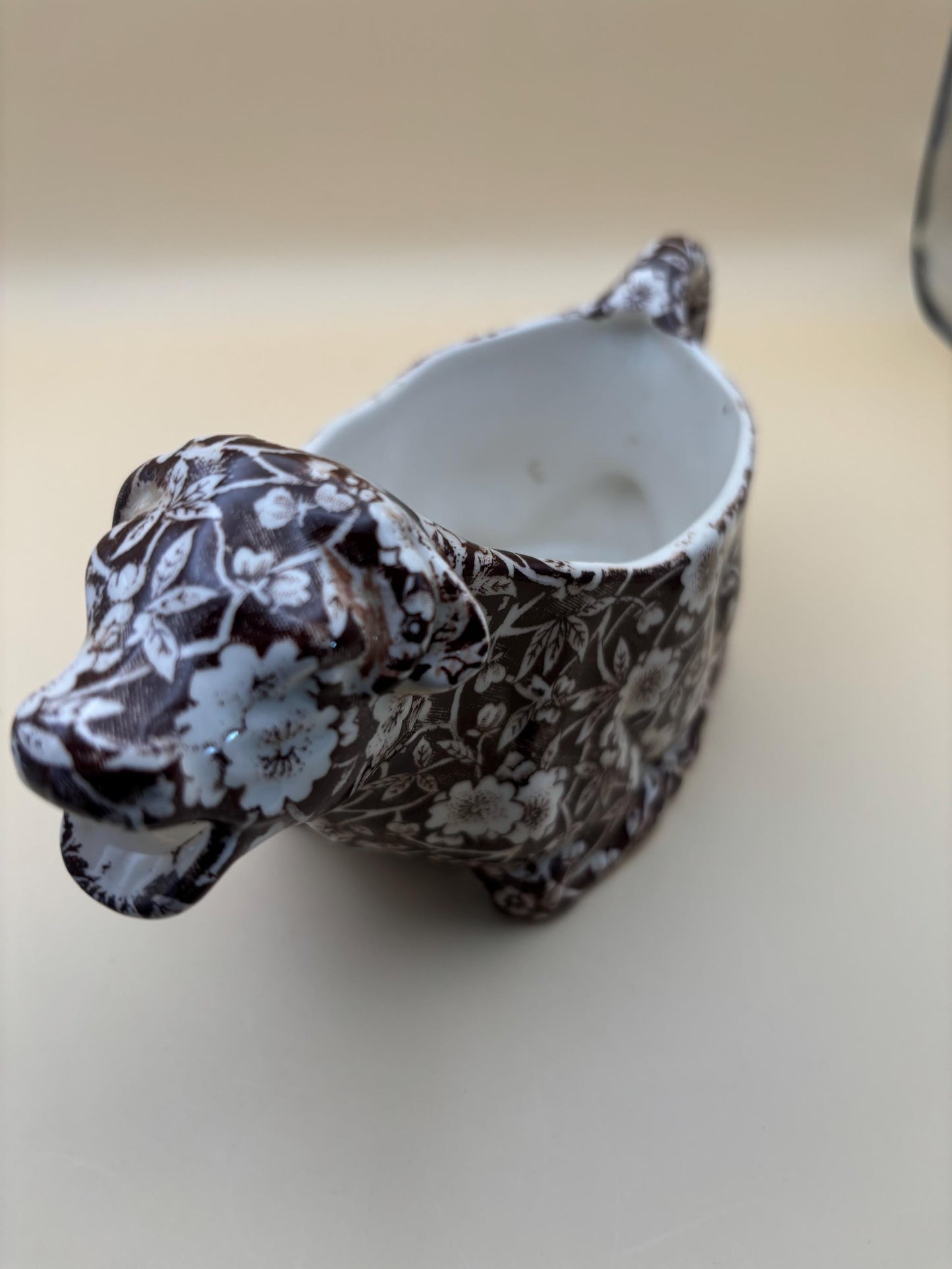 Vintage Royal Crownford Ironstone England Brown and White Floral Transferware Cow Creamer Lover Antiques and Vintage