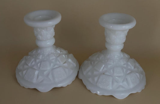 Vintage Westmoreland Old Quilt Milk Glass Pair of Candle Holders Lover Antiques and Vintage