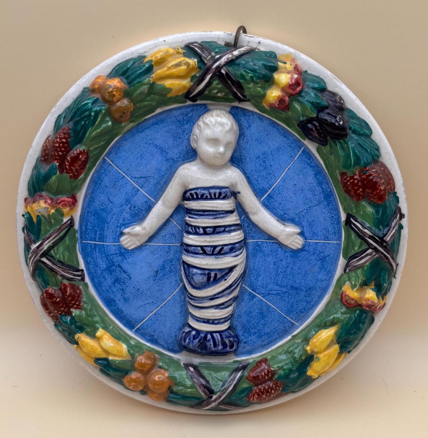 Italian Della Robbia Ceramic Christ Child Plaque Baby Jesus Wall Hanging Lover Antiques and Vintage