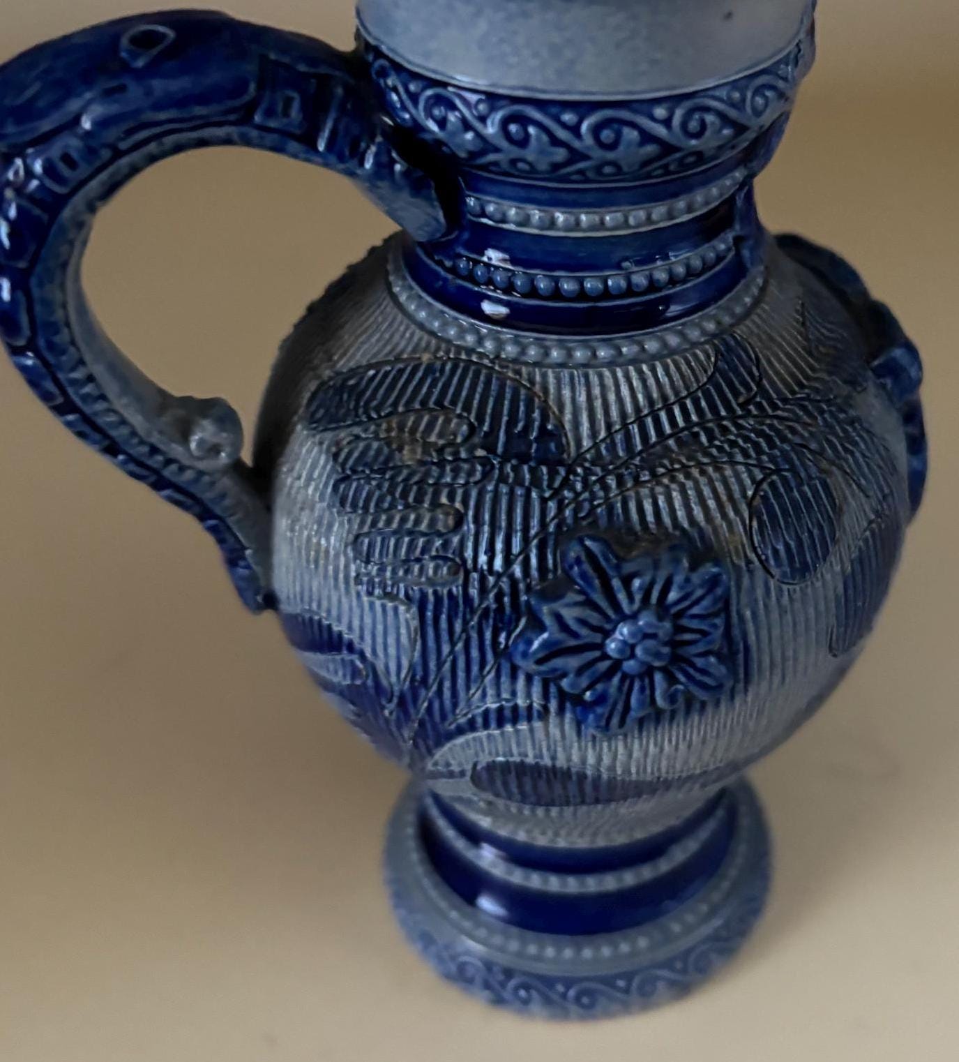 Antique Westerwald Salt Glazed Cobalt Blue Pottery Pitcher Jug Lover Antiques and Vintage